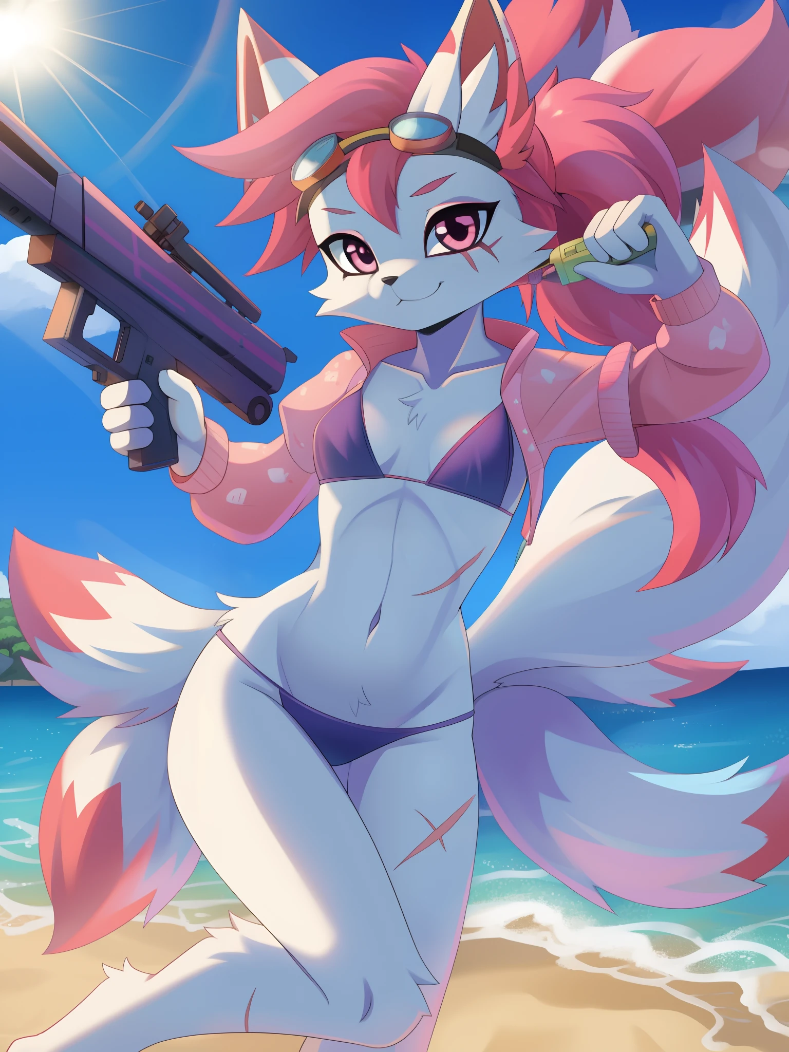 kimiko, furry female anthro, fox girl, white body fur, Pink hair, paws whit three toes, pink jacket , open clothes, bikini, goggles, small breasts, detailed body fur, detailed body, detailed face, detailed eyes, glistering body, shiny body, skinny, :3, multiple tails, multi tail, solo, body fur, (best quality), detailed beach, clear sky, cinematic lighting, looking at viewer, anime style, short ponytail, scar on the eye, 2D, holding a water gun, full body,