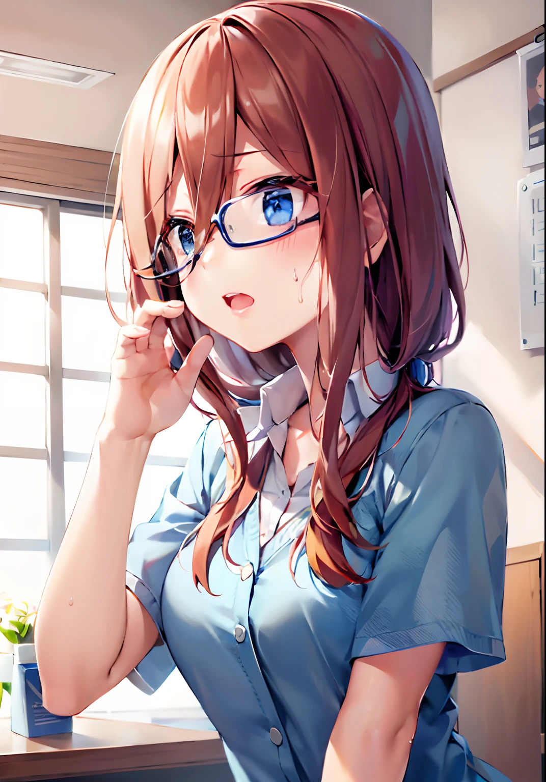 top-quality、eye glass(1:6)、Full-length images of the highest quality、Highly detailed anime super detail、masterpiece、tre anatomically correct、Detailed hand、(eye glass:1.6)、8K、I love my tides、Upper line、High School Uniform、Sweat profusely、Kiss Face、Moisturizing skin、(eye glass:1.3)、Detail Eye、NSFW、Lustrous hair、、Frontal view、