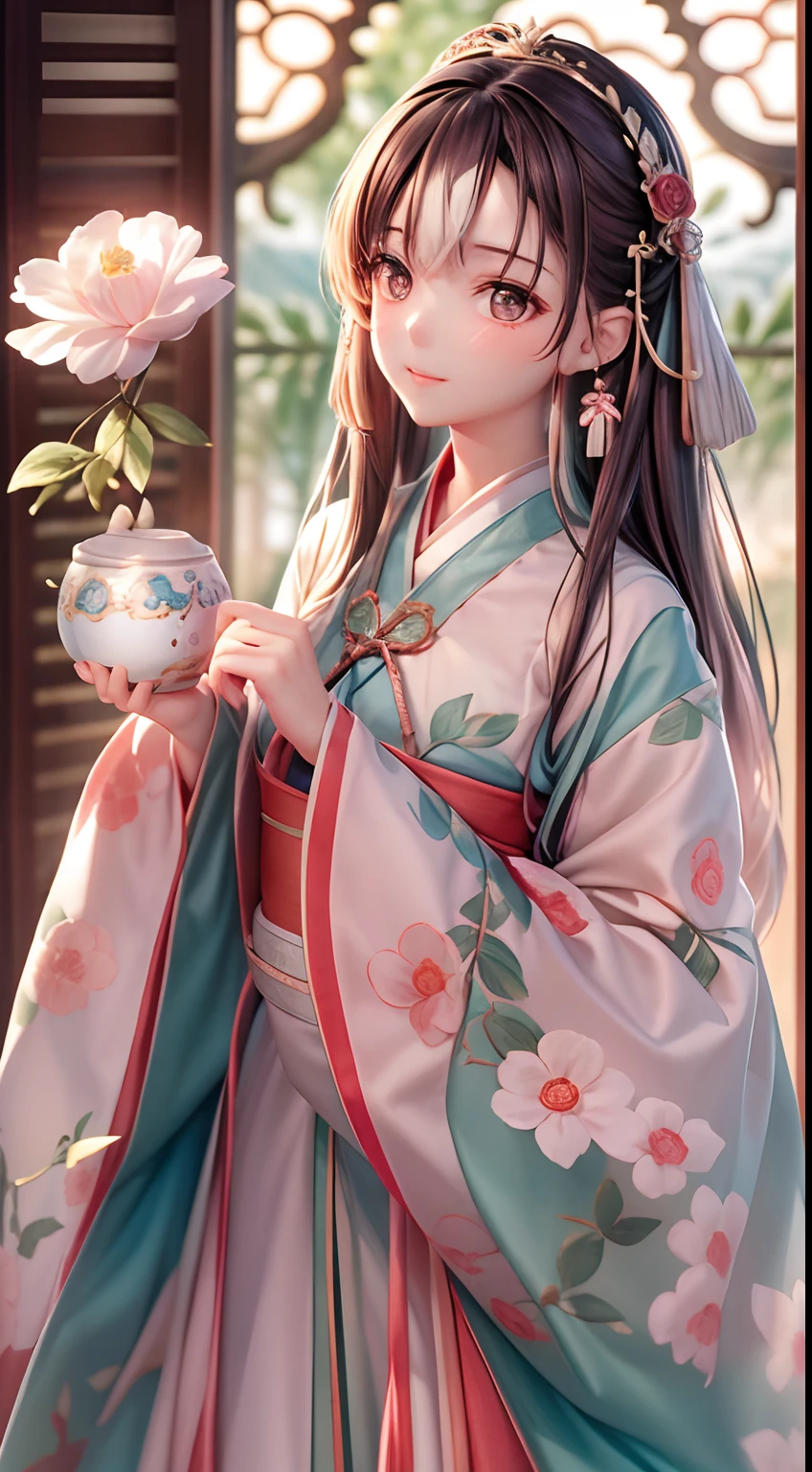 Movie Angle,(Cute girls,anatomy correct,full bodyesbian,Masterpiece camellia,Masterpiece Hanfu,ssmile),(illustratio,paper art,3Drenderingof),(plethora of colors,Best quality,high detal,tmasterpiece,Cinematic lighting effects,4K,Chiaroscuro)