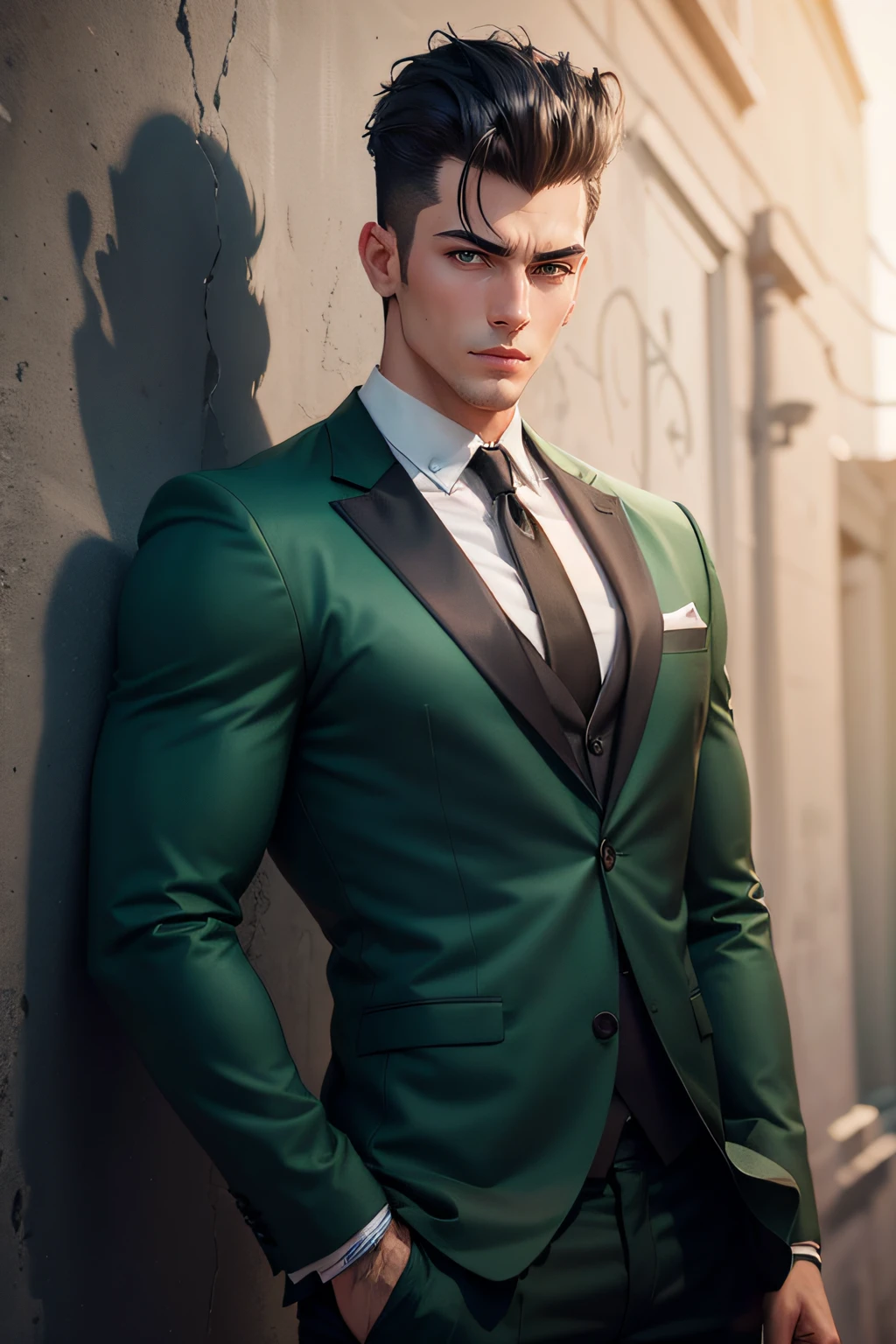 a handsome guy with pompadour hair from anime, clean shave, black hair, wearing green suits, green outfit, very handsome, standing pose, detailed face, detailed masculine body, (reality: 1.4), (A hyper-realistic), (high resolution), (8K), (highly detailed), ( Best Illustration), (detailed eyes), (ultra-detailliert), Bright lighting, Professional Lighting, The background is dirty wall with graffiti.