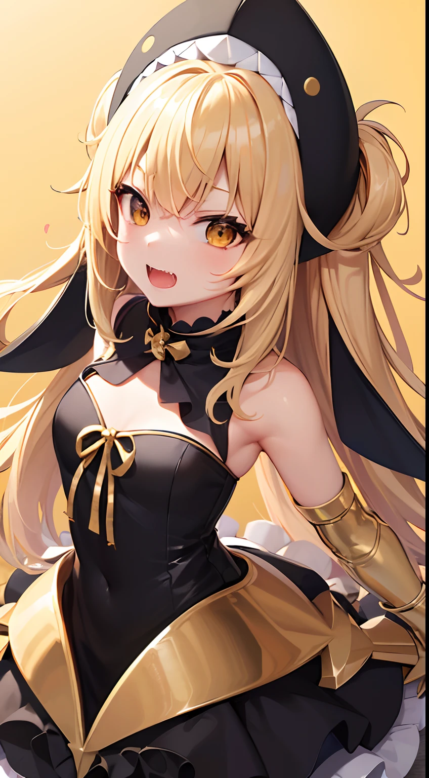 hight resolution、hightquality、ultra-detailliert、8k wallpaper、1人の女性、a blond、Beautiful fece、Wearing a shark costume、Teeth are shark fangs、Kamimei、Melancholy is in the air、Lovers feeling、Be loved、Familiarity、Lots of gold and black、Gold and black background