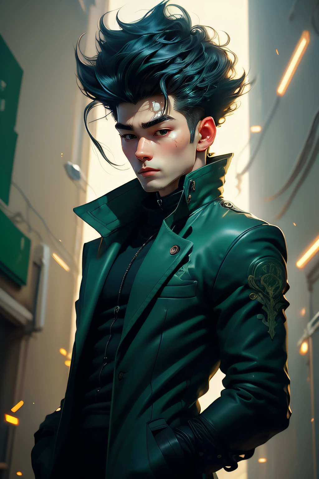 a handsome asian guy with a pompadour hair from anime, bandage, clean shave, black hair, wearing green loose long coat, modern black outfit, very handsome, standing pose, detailed face, detailed masculine body, (reality: 1.4), (A hyper-realistic), (high resolution), (8K), (highly detailed), ( Best Illustration), (detailed eyes), (ultra-detailliert), Bright lighting, Professional Lighting, The background is dirty wall with graffiti., floating lighting around., lightning fingers.