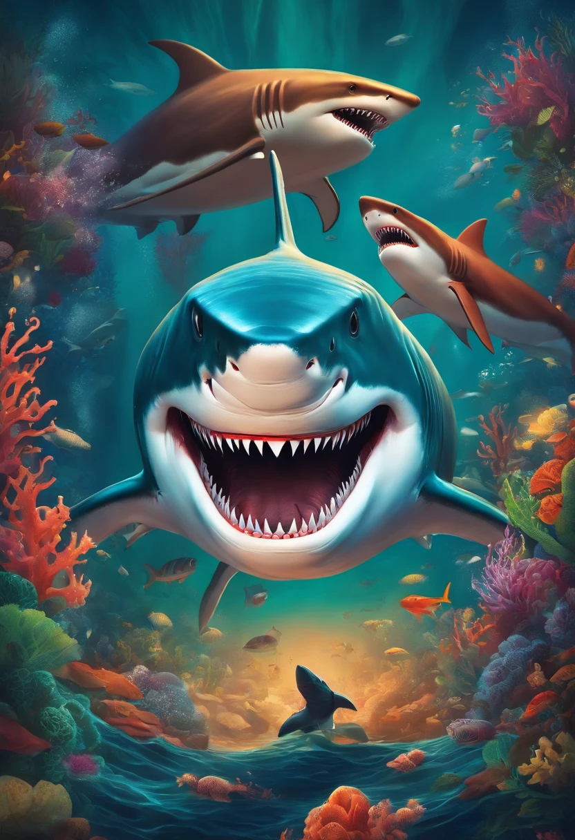 deep sea,angry shark ,two people panic