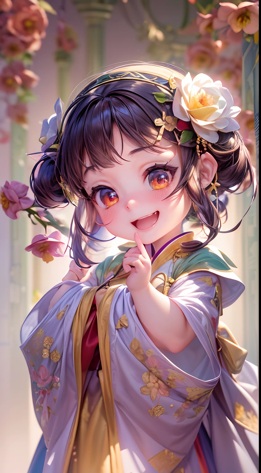 cinematic angle,( cute female child,anatomically correct,full body,Masterpiece camellia,Masterpiece Hanfu,smile),(illustration,paper art,a 3D render),(extremely colorful, Best quality, high detailed, Masterpiece, Cinematic Lighting, 4K, Chiaroscuro)