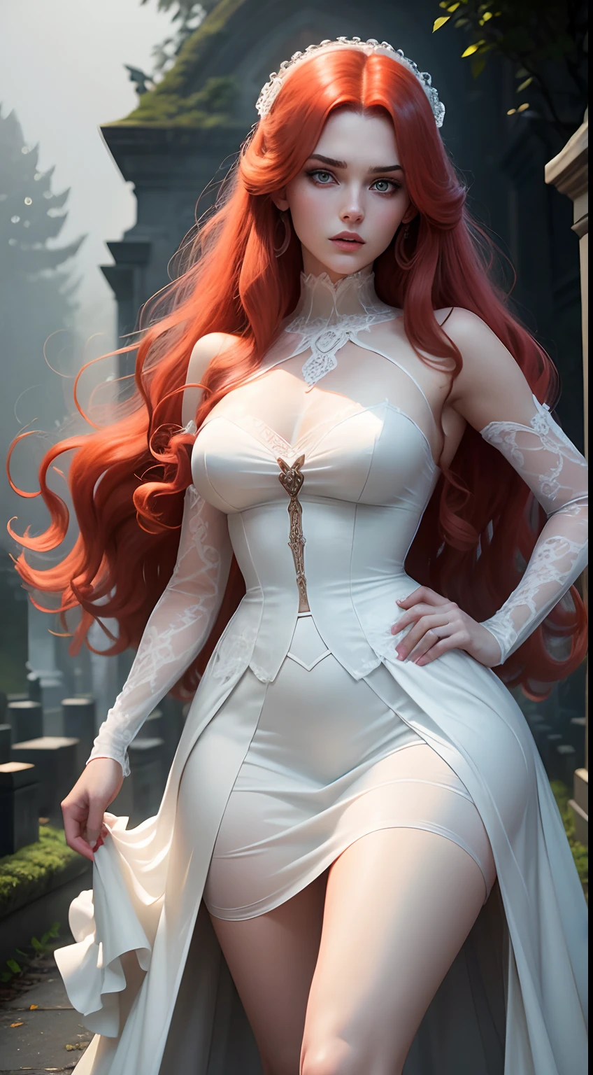 Movie footage of Mario Bava's horror movie, Full Medium Close-up, Gorgeous 18-year-old woman resembling Bella Thorne, long red hair, soft pale skin, Pretty and young々Shishi Face, Well-defined eyebrows, Light blue eyes, delicate nose, plump round lips, thin and long legs,White high heels,Walk through the Gothic cemetery at night in a white wedding middle dress, Foggy and rainy conditions, Ghostly atmosphere, 1600s, (high skin detail: 1.2), Ultra-detailed, Photorealsitic, depth of fields, Cinematic lighting, IMAX Camera, nffsw, nffsw, Full-HD, 8K