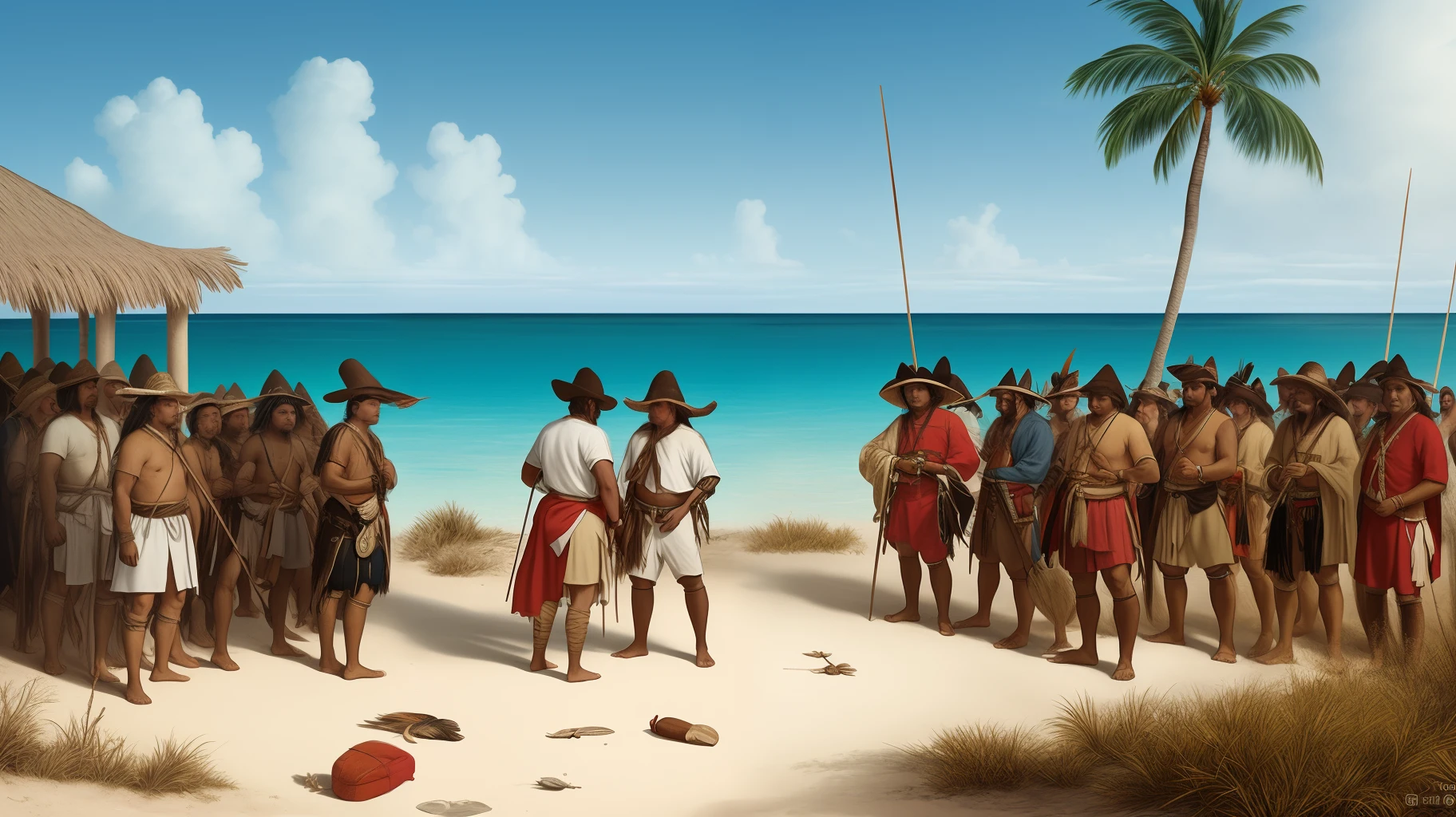 Generate an image illustrating the initial encounter between Columbus's crew and the indigenous people of the Bahamas. This image should be shown when explaining the first contact between the Old World and the New World.