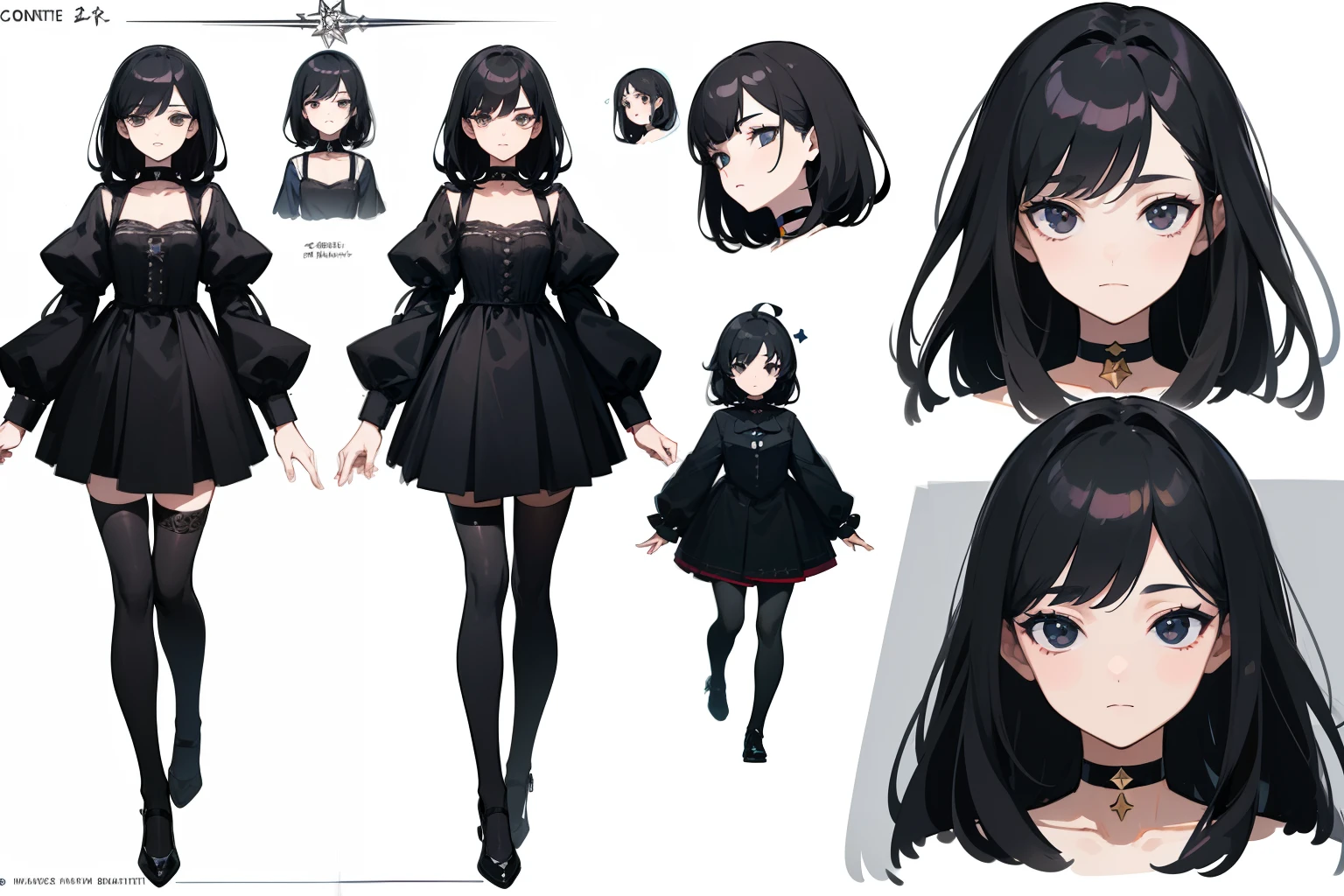 ((Masterpiece, Highest quality)), Detailed face, character sheets, full bodyesbian, Full of details, Multiple poses and expressions, Highly detailed, Depth, Many parts, 1boys , Children all over the body,Black color hair，Black eyes， mitts, Stockings, Black choker, The eye, Star (symbol), pupils in symbol shapes