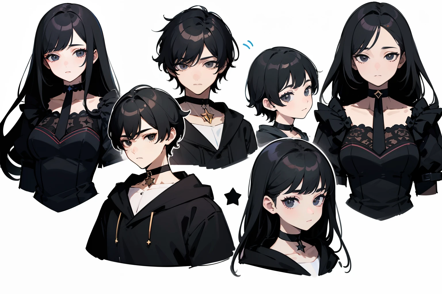 ((Masterpiece, Highest quality)), Detailed face, character sheets, full bodyesbian, Full of details, Multiple poses and expressions, Highly detailed, Depth, Many parts, 1boys , Children all over the body,Black color hair,Black eyes, mitts, Stockings, Black choker, The eye, Star (symbol), pupils in symbol shapes