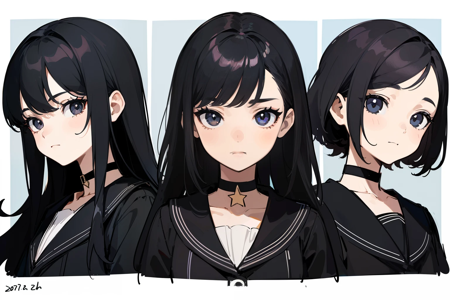 ((Masterpiece, Highest quality)), Detailed face, character sheets, full bodyesbian, Full of details, Multiple poses and expressions, Highly detailed, Depth, Many parts, 1boys , Children all over the body,Black color hair,Black eyes, mitts, Stockings, Black choker, The eye, Star (symbol), pupils in symbol shapes