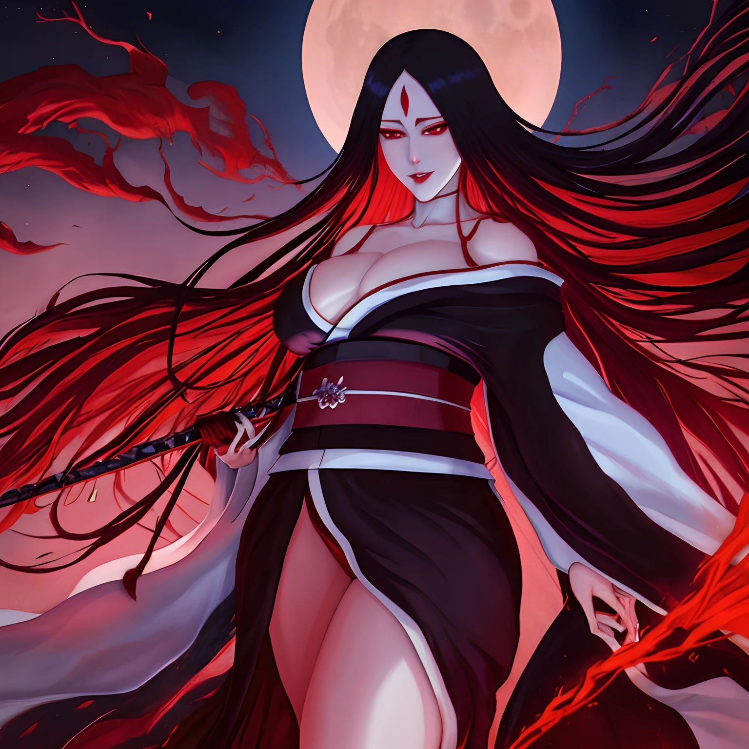 Unohana, solo, kimono , red eyes, haori, Temple , moon, parted lips, thick thighs , big breasts,bankai,standing ,lake,beautiful,