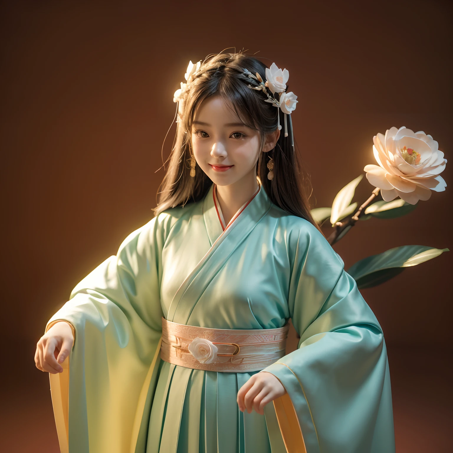 cinematic angle,( cute female child,anatomically correct,full body,Masterpiece camellia,Masterpiece Hanfu,smile),(illustration,paper art,a 3D render),(extremely colorful, Best quality, high detailed, Masterpiece,  Cinematic Lighting, 4K, Chiaroscuro)