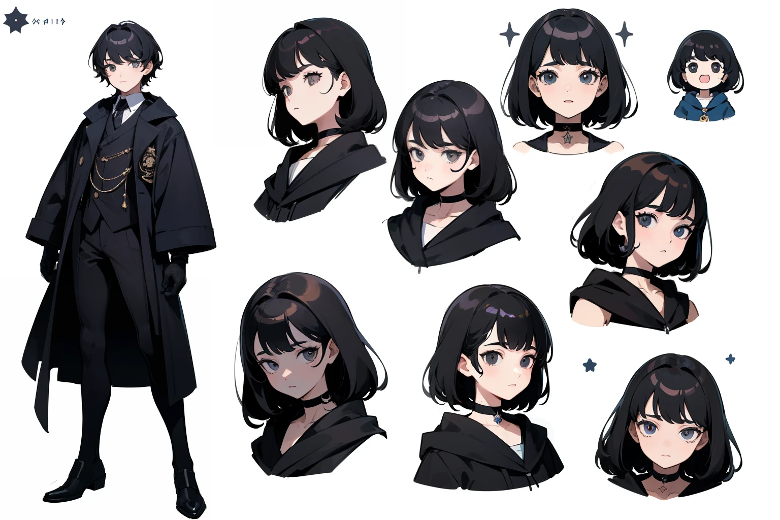 ((Masterpiece, Highest quality)), Detailed face, character sheets, full bodyesbian, Full of details, Multiple poses and expressions, Highly detailed, Depth, Many parts, 1boys , Children all over the body,Black color hair,Black eyes, mitts, Stockings, Black choker, The eye, Star (symbol), pupils in symbol shapes