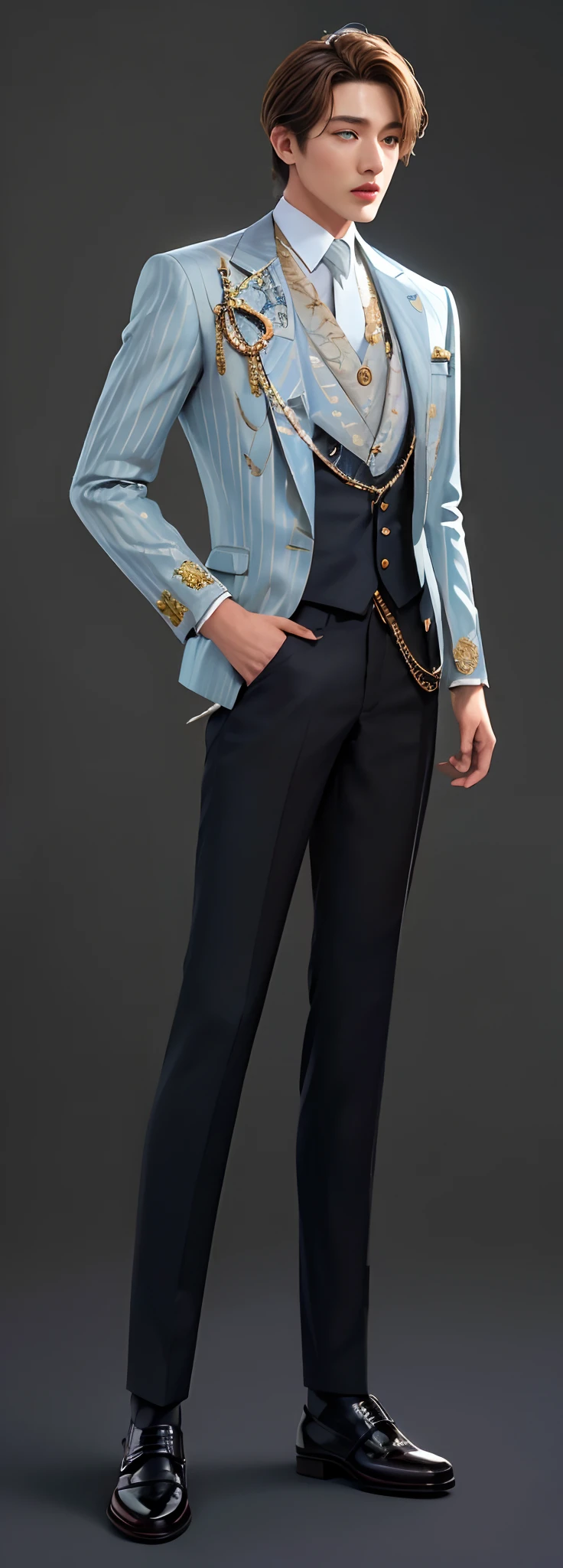A close-up of a man in a suit and tie, full body detailing, very detailed and rich clothing, full body shot hyperdetailed, Delicate androgynous prince, highly detailed character, male character, highly detailed whole body, well - detailed outfit, Beautiful androgynous prince, full body close-up shot, high detail iconic character, full body detailed