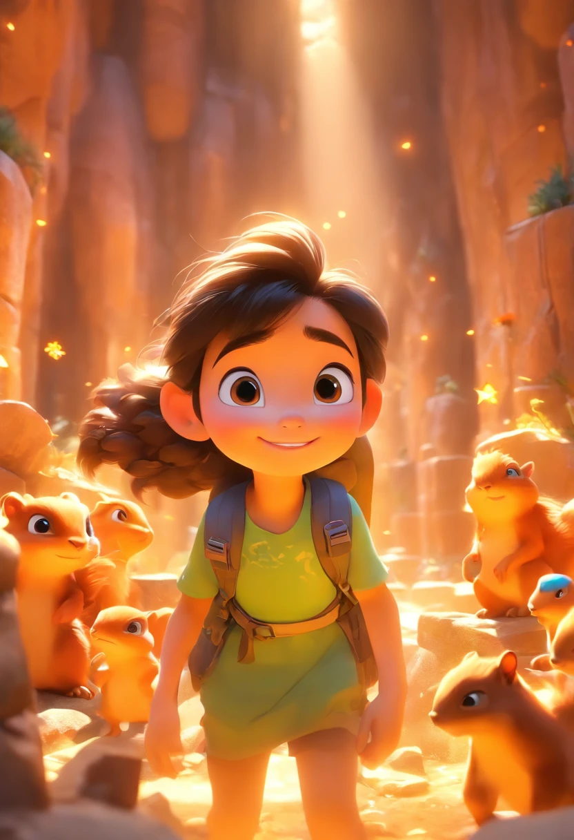 (Pixar style),A five-year-old Chinese girl,In a cave,Large backpack,Large piles of gemstones,gold coins,A squirrel,A dinosaur,Miniature character model, Light source from right to left, Rum lighting, Light source from right to left, Realistic proportions, Post-processing, ((Orthogonal perspective)), Super detail, Realistic, Super realistic, photoreal render,