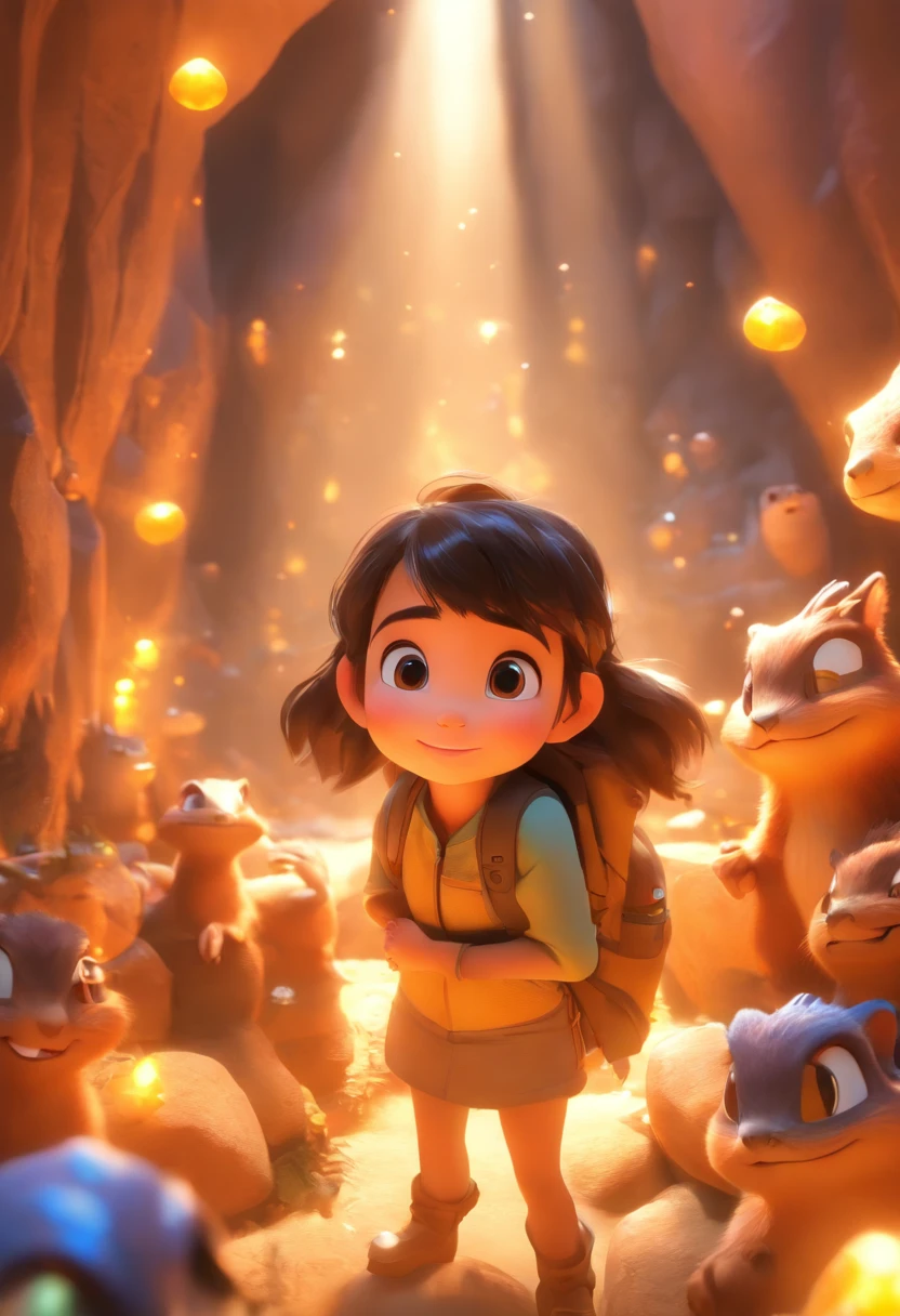 (Pixar style),A five-year-old Chinese girl,In a cave,Large backpack,Large piles of gemstones,gold coins,A squirrel,A dinosaur,Miniature character model, Light source from right to left, Rum lighting, Light source from right to left, Realistic proportions, Post-processing, ((Orthogonal perspective)), Super detail, Realistic, Super realistic, photoreal render,