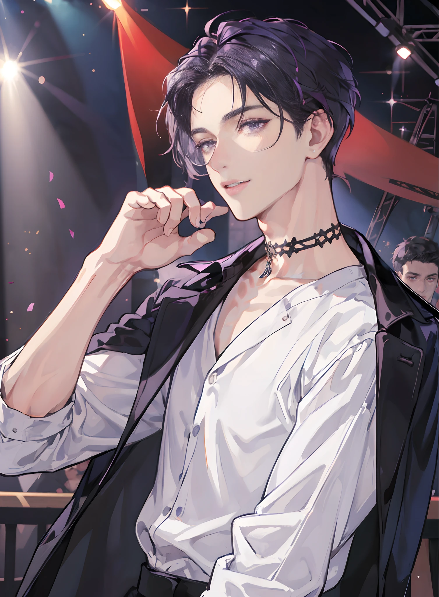 Masterpiece,Exquisite facial details，Exquisite eye details， Best quality, ，1 man, Headsets，singers，cool guy，Medium-long black hair，Dashing，choker necklace,Purple pick dye，comma hair，Purple eye，Forehead comma hair，White shirt，Black leather coat，holding guitars，On stage，Shiny，Under the stands，Sing，having fun，full bodyesbian