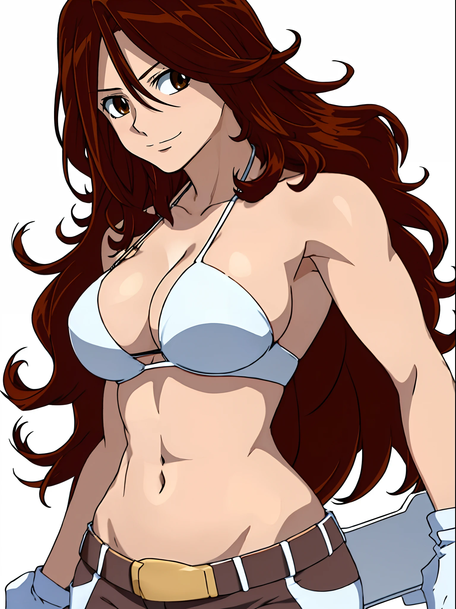 ((solo)), Best Quality, hires, curvy midsection, (tilt head, strong muscles, detailed muscles), smile, happy), upper body only, anime style: 1.8, anime drawing, ultra detailed face, ultra detailed body, 4k, Sumergai Lee Noriega, (standing), best quality, anime style, hires, highest definition, digital blending, bold drawing lines, (((White Background))), ( (strong muscles), long attractive belly, slim body, ((strong arm muscles)), broad shoulders , off-shoulders, closed fists, (strapless bikini, shorts, white gloves, , arm band, (champion belt))), (large breasts, defined cleavage, closed mouth, sexy navel, shiny skin), (big eyes, brown eyes, shiny eyes), (reddish hair, loose hair, curly hair, wavy hair, long hair, floating hair)