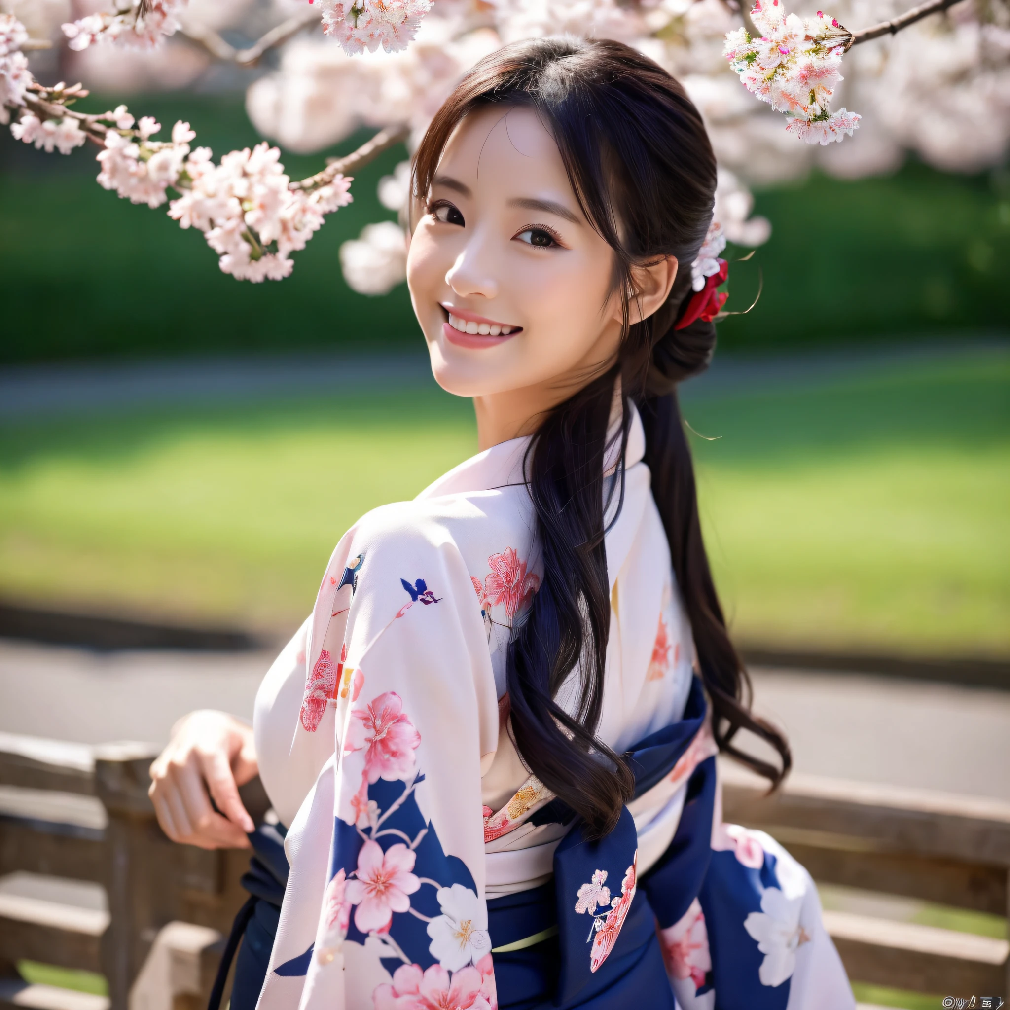 (Super beautiful woman in kimono)、((best qualtiy、8k masterpieces:1.3))、foco nítido:1.2、(ultra beautiful faces:1.0)、(shinny skin:1.0)、photos realistic、A dark-haired、Video Lighting、High-definition eyes and face、Video Lighting、Japanese actressl、from the front side、medium breasts、With a happy smile、Slender Abs Beauty、Whole body、wearing kimonos、On a hill with dancing cherry blossoms