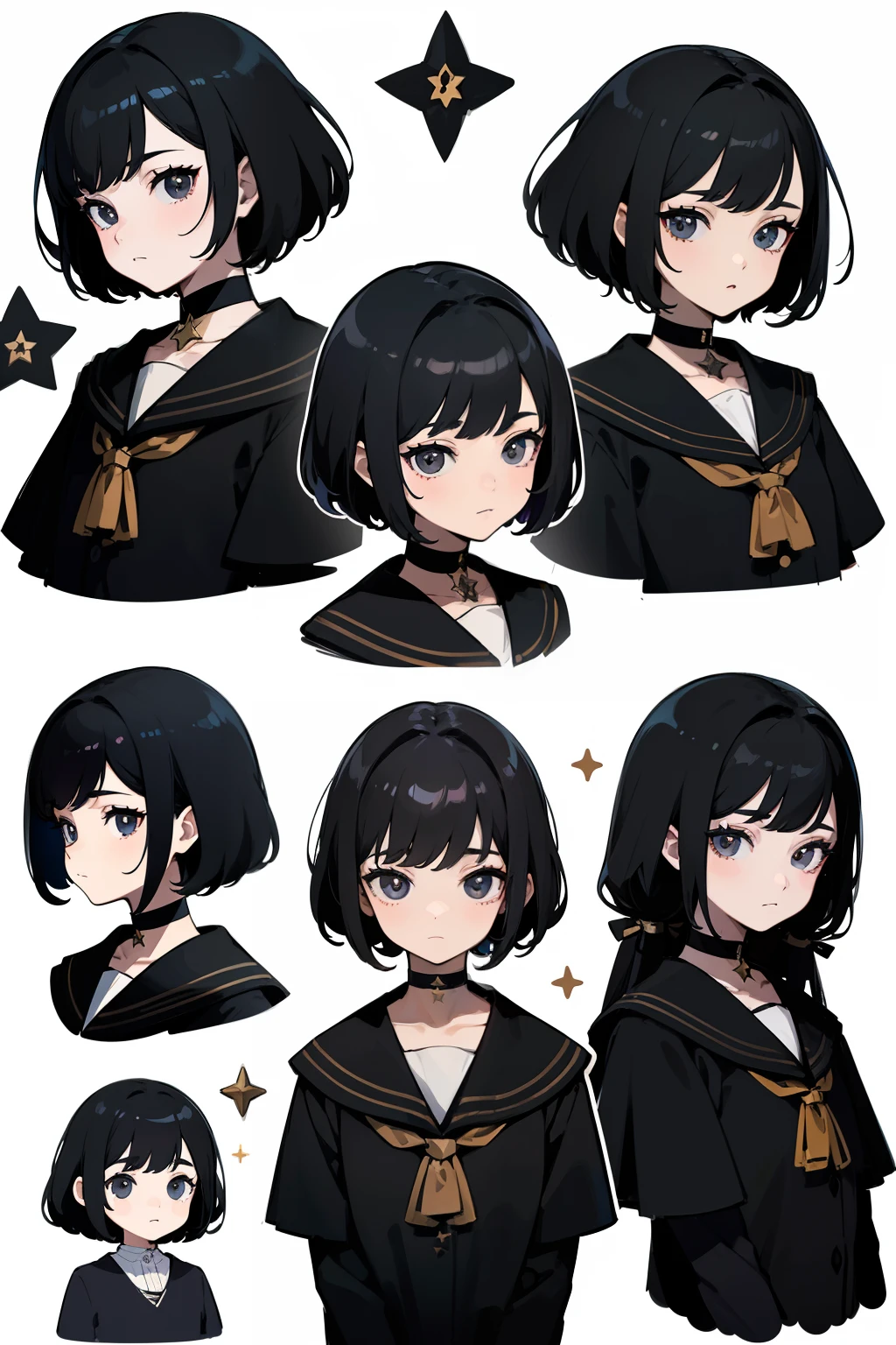 ((Masterpiece, Highest quality)), Detailed face, character sheets, full bodyesbian, Full of details, Multiple poses and expressions, Highly detailed, Depth, Many parts, 1boys , Children all over the body,Black color hair,Black eyes, mitts, Stockings, Black choker, The eye, Star (symbol), pupils in symbol shapes
