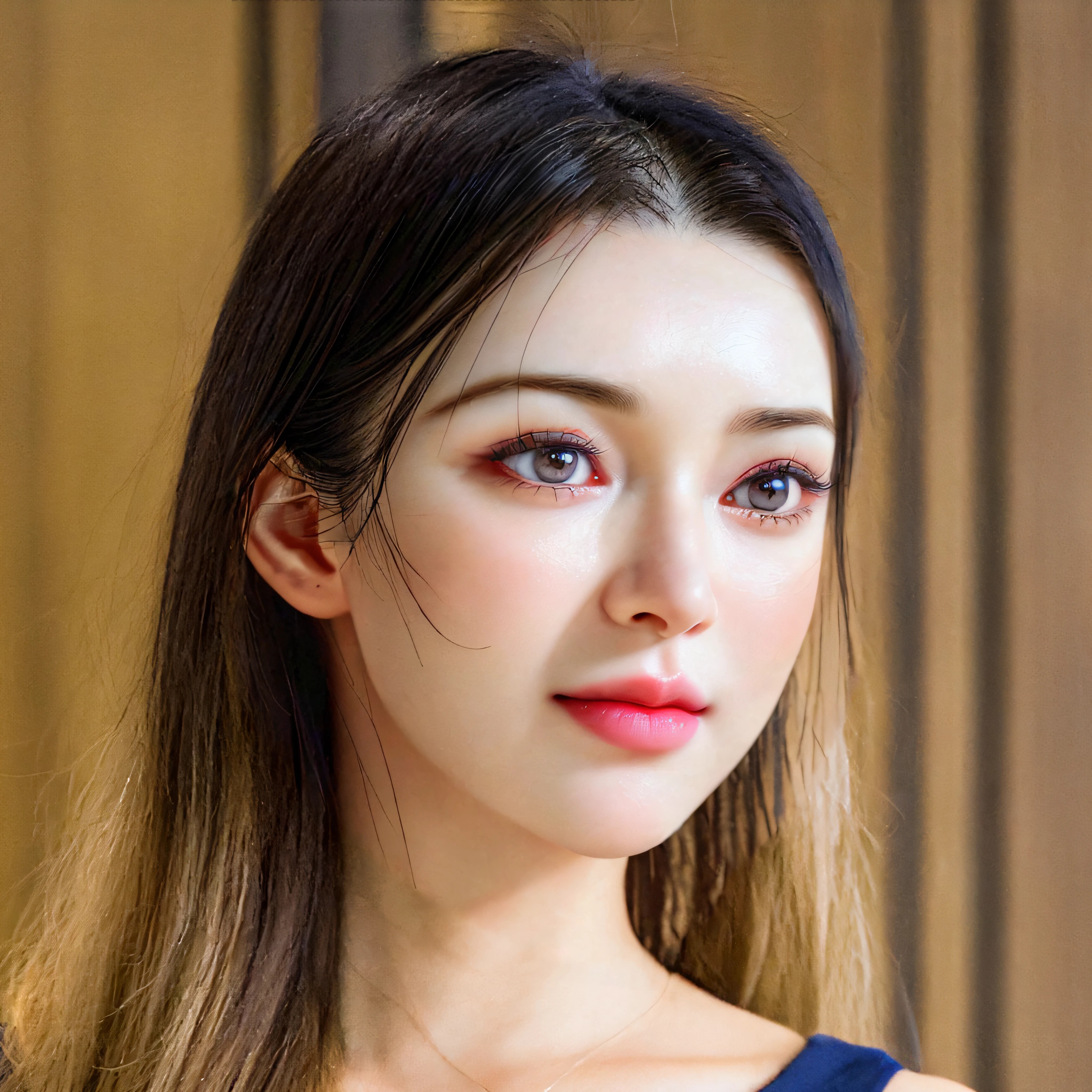 Bring out your forehead、Hairstyle is divided in the middle、No bangs、Centered on the eyes, nose and mouth、nose and mouth small、closes mouth,Smiles、Narrow forehead、Bigger eyes、natural make up、lip color is red、(8k, RAW photo, best quality, masterpiece:1.2), (realistic, photo-realistic:1.4), (extremely detailed 8k wallpaper), sharp focus, depth of field, cinematic lighting, soft light,20 years old cute