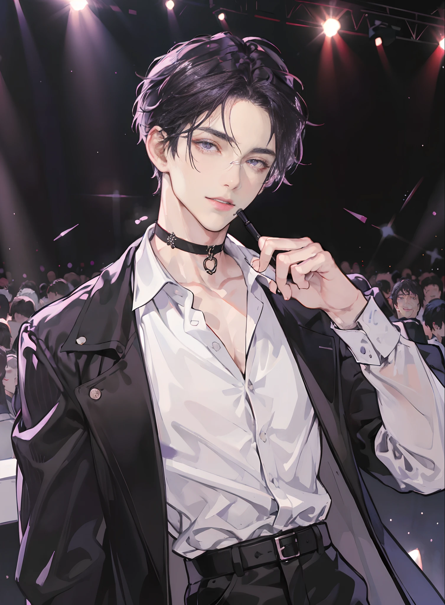 Masterpiece,Exquisite facial details,Exquisite eye details, Best quality, ,1 man, Headsets,singers,cool guy,Medium-long black hair,Dashing,choker necklace,Purple pick dye,comma hair,Purple eye,Forehead comma hair,White shirt,Black leather coat,holding guitars,On stage,Shiny,Under the stands,Sing,having fun,full bodyesbian