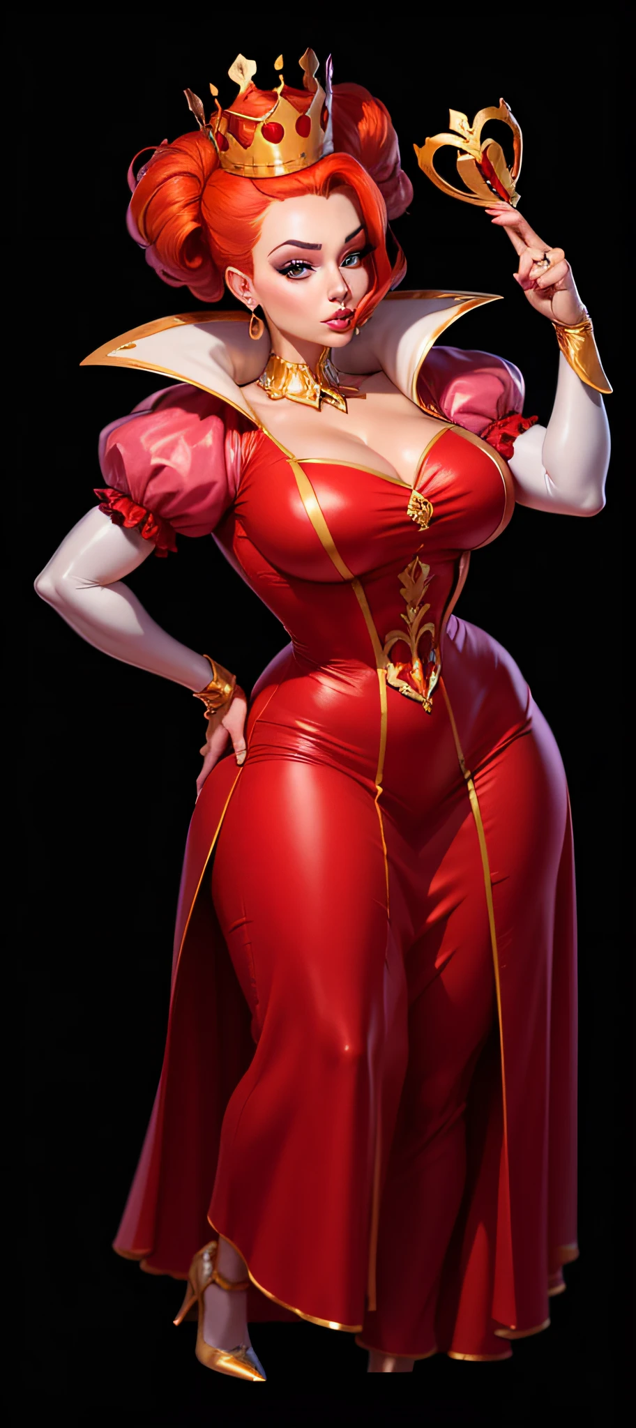 queen,A red hair,Wearing a red dress,Perfect facial features,Cartoony,Perfect Finger,Absolutely normal facial features,Perfect hair details,perfect eyes,The highest masterpiece,high high quality