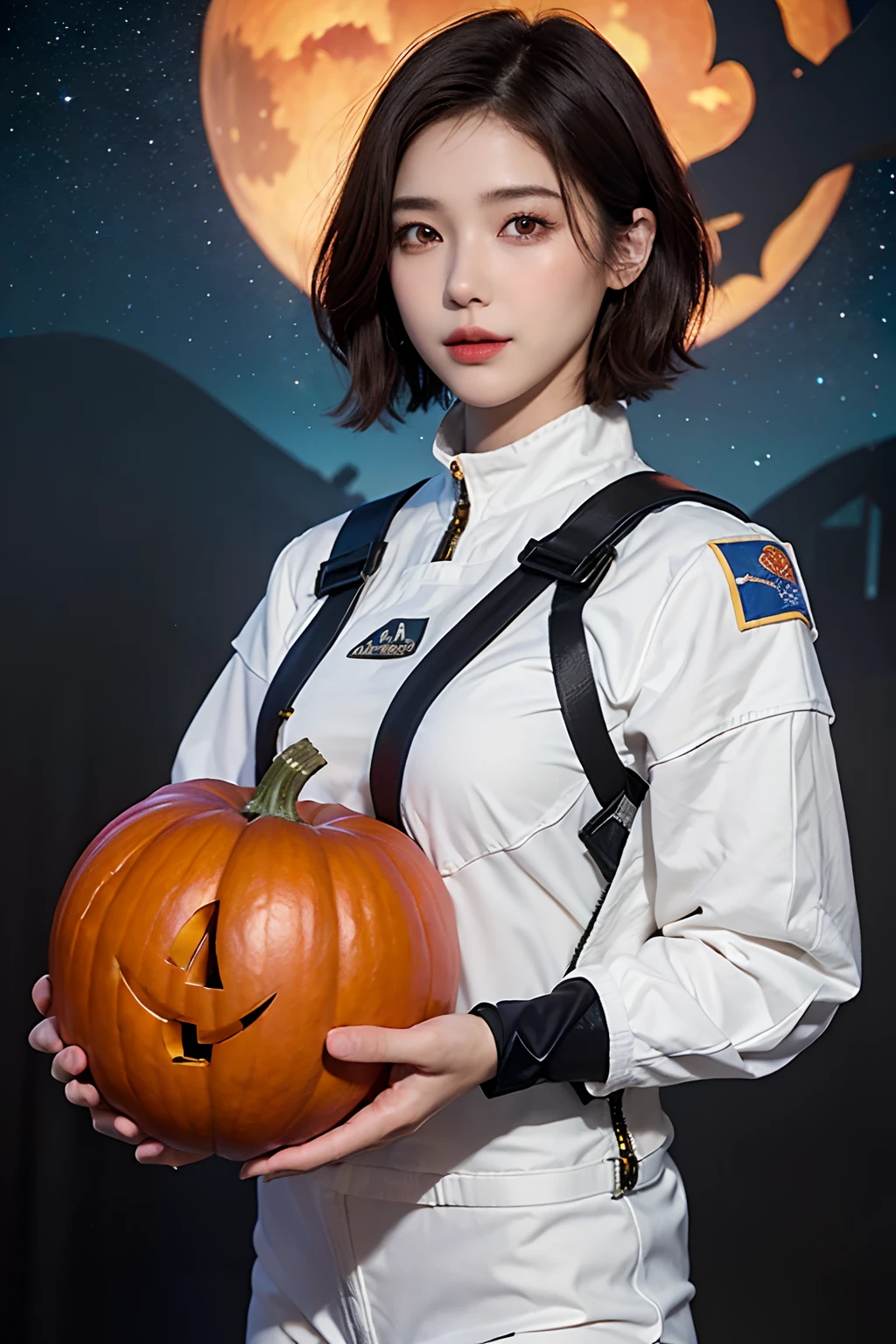 top-quality、masterpiece、超A high resolution、(realisitic:1.4)、Beautuful Women1、Beautiful detail eyes and skin、ssmile、Light brown short-cut hair、The perfect spacesuit、spaceships、cosmic space、Giant pumpkin、the bats、Halloween、