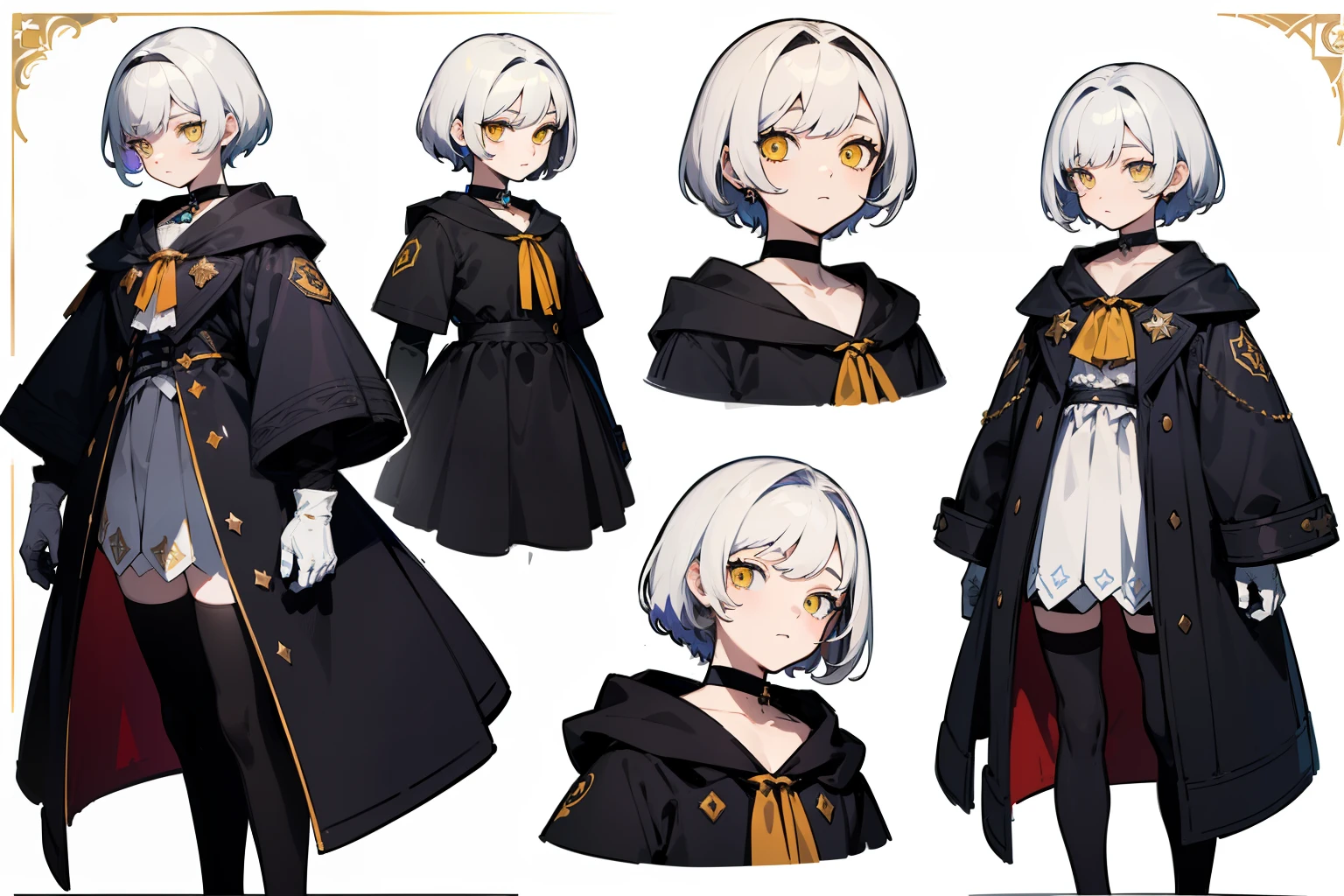 ((Masterpiece, Highest quality)), Detailed face, character sheets, full bodyesbian, Full of details, Multiple poses and expressions, Highly detailed, Depth, Many parts, 1boys , Children all over the body,White color hair,Black pick dye,Yellow eyes, mitts, Stockings, Black choker, The eye, Star (symbol), pupils in symbol shapes
