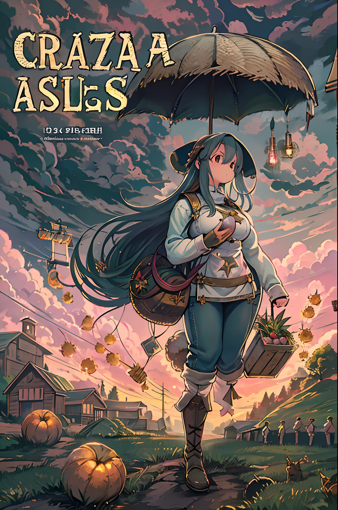 She's just a simple girl who works on a farm. She lives in difficult times., It's the Dark Ages. , Crazy World, Floating islands, cloud castles, (Best Quality:1.3), (hight resolution:1), (Detailed:1.3), (unbelievable:1.3), (Perfect:1.3), (Perfection:1.3), (Volume Cover Art:0), (Illustration:1.3), huge-breasted