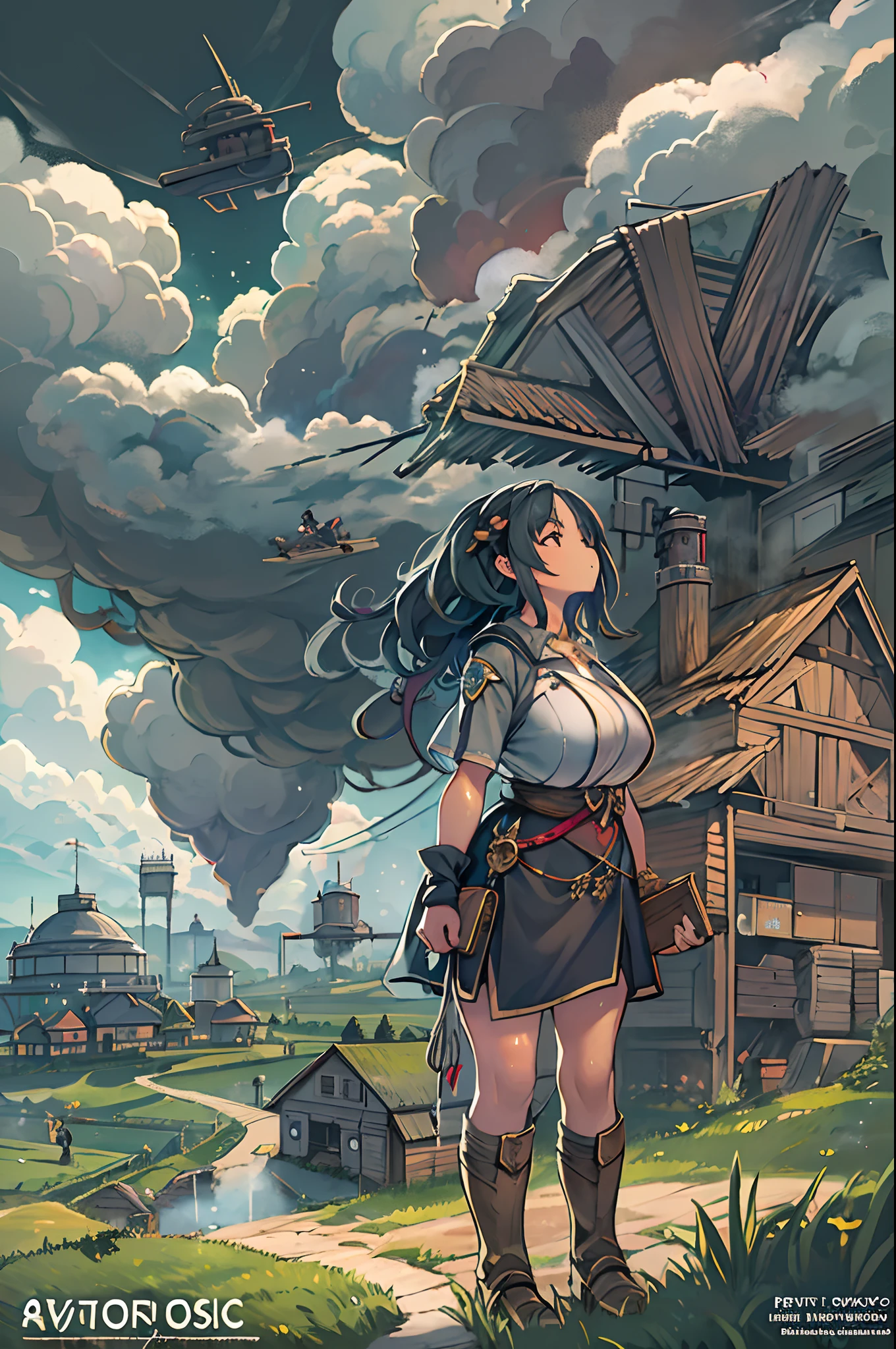 She's just a simple girl who works on a farm. She lives in difficult times., It's the Dark Ages. , Crazy World, Floating islands, cloud castles, (Best Quality:1.3), (hight resolution:1), (Detailed:1.3), (unbelievable:1.3), (Perfect:1.3), (Perfection:1.3), (Volume Cover Art:0), (Illustration:1.3), huge-breasted
