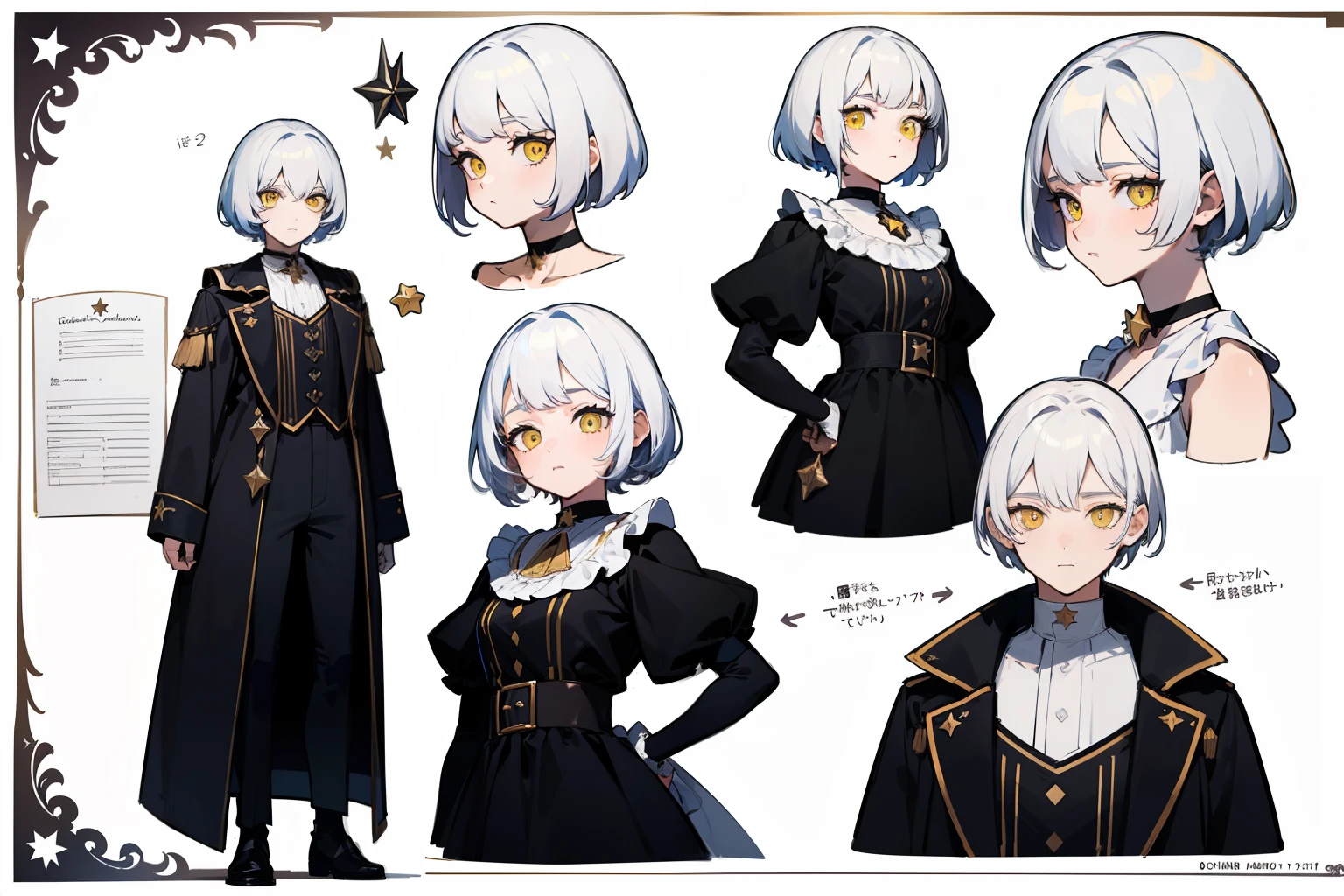 ((Masterpiece, Highest quality)), Detailed face, character sheets, full bodyesbian, Full of details, Multiple poses and expressions, Highly detailed, Depth, Many parts, 1boys , Children all over the body,White color hair，Black pick dye，Yellow eyes， mitts, Stockings, Black choker, The eye, Star (symbol), pupils in symbol shapes