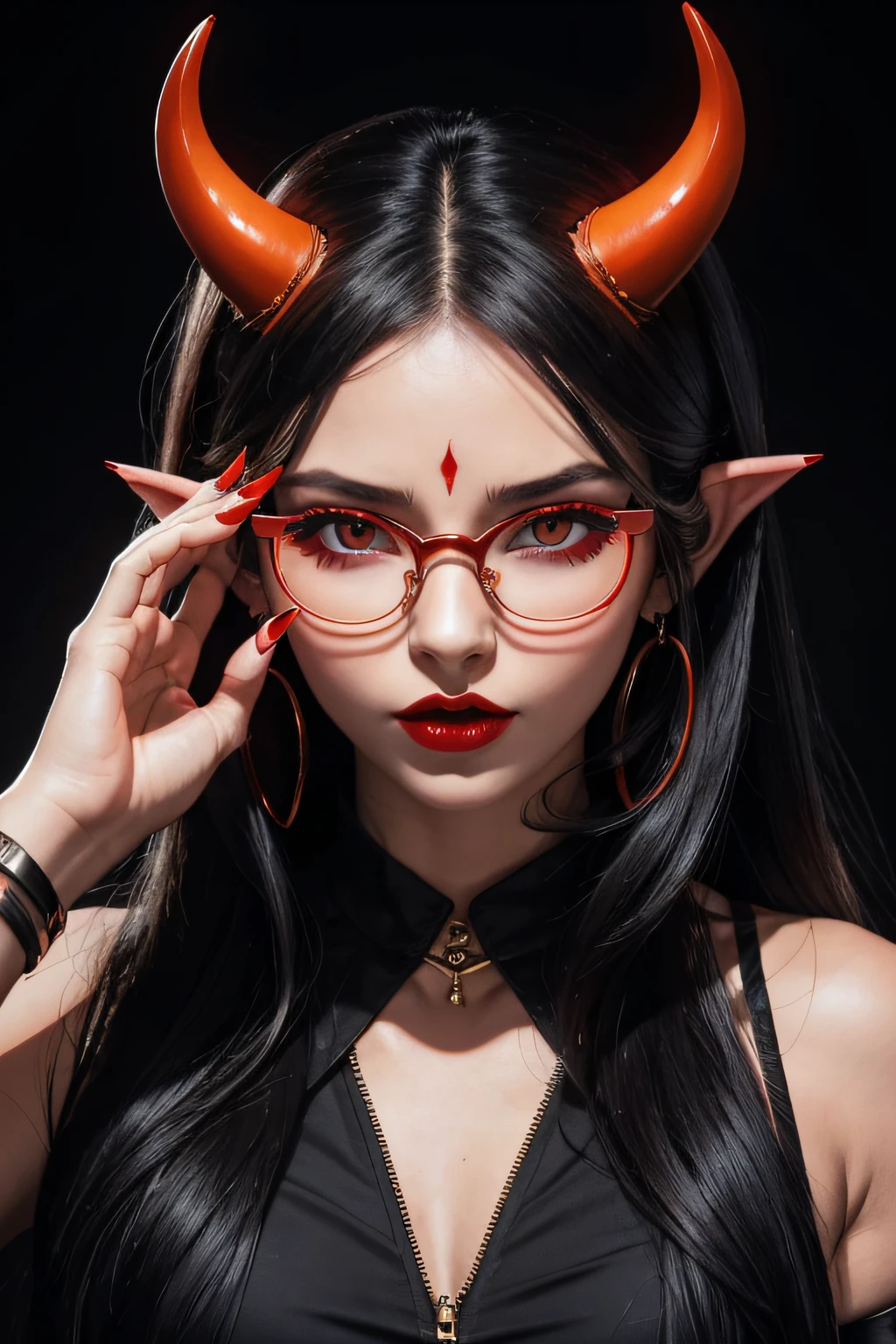 1girl, long hair, black hair, forehead mark, jewelry, looking at viewer, red eyes, bracelet, facial mark, solo, red lips, pointy ears, horns, red nails, round eyewear, makeup, glowing, looking over eyewear, lipstick, nail polish, orange nails, glowing eyes, glasses, nose piercing, lips, animal horns, demon horns, swirling horns,two way horns, horns,