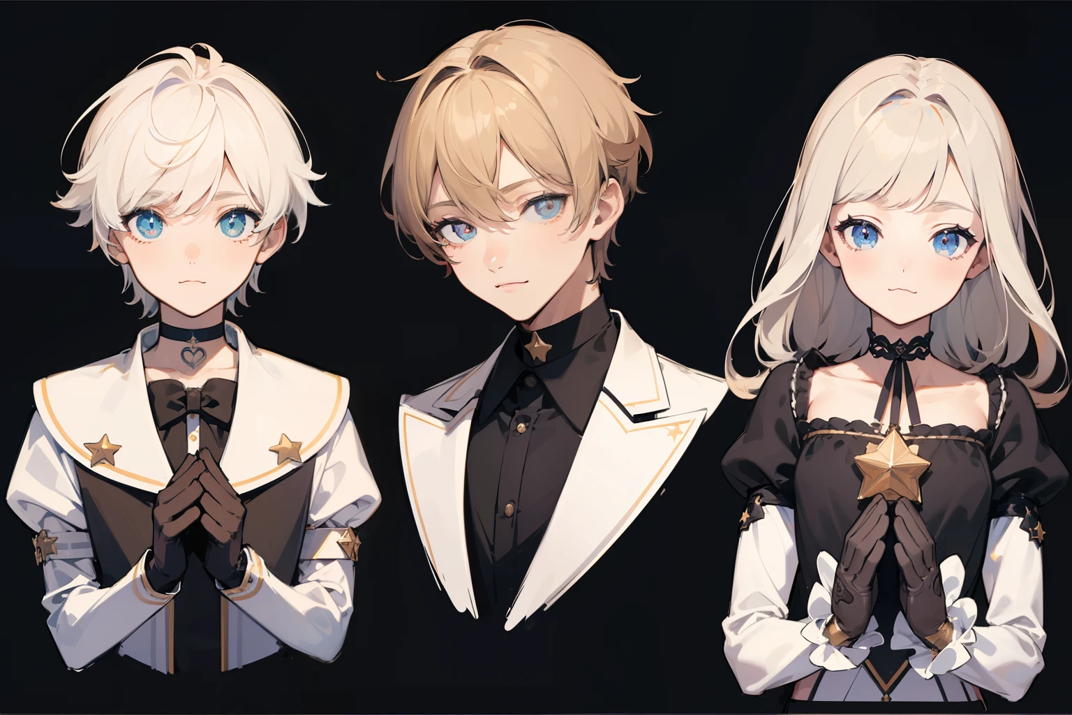 ((Masterpiece, Highest quality)), Detailed face, character sheets, full bodyesbian, Full of details, Multiple poses and expressions, Highly detailed, Depth, Many parts, 1boys , Children all over the body :3, mitts, Stockings, Black choker, The eye, Star (symbol), pupils in symbol shapes