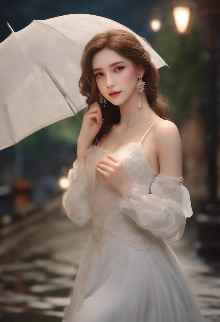 randome pose, (An extremely delicate and beautiful work), (Masterpiece), 1girll, A girl in a white dress, Highly detailed, waist leaking, Ponytail Contortion, Enchanted expression, beautiful and clear eyes, green eye pupil, Delicate necklace, Delicate earrings, fairy ears, Simple blurred background, Extreme detail description, Beautiful, Charming, Ultra-fine painting, Delicate face, Delicate figure, Fine collarbones, lovely lips, Beautiful breasts, soft behind, mix4,(8K, RAW photo, Best quality, Masterpiece:1.2), (Realistic, photo-realistic:1.37),1girll,Cute,Cityscape, Night, rain, Wet, Professional lighting, フォトンマッピング, ラジオシティ, Physically-based rendering,Handsome