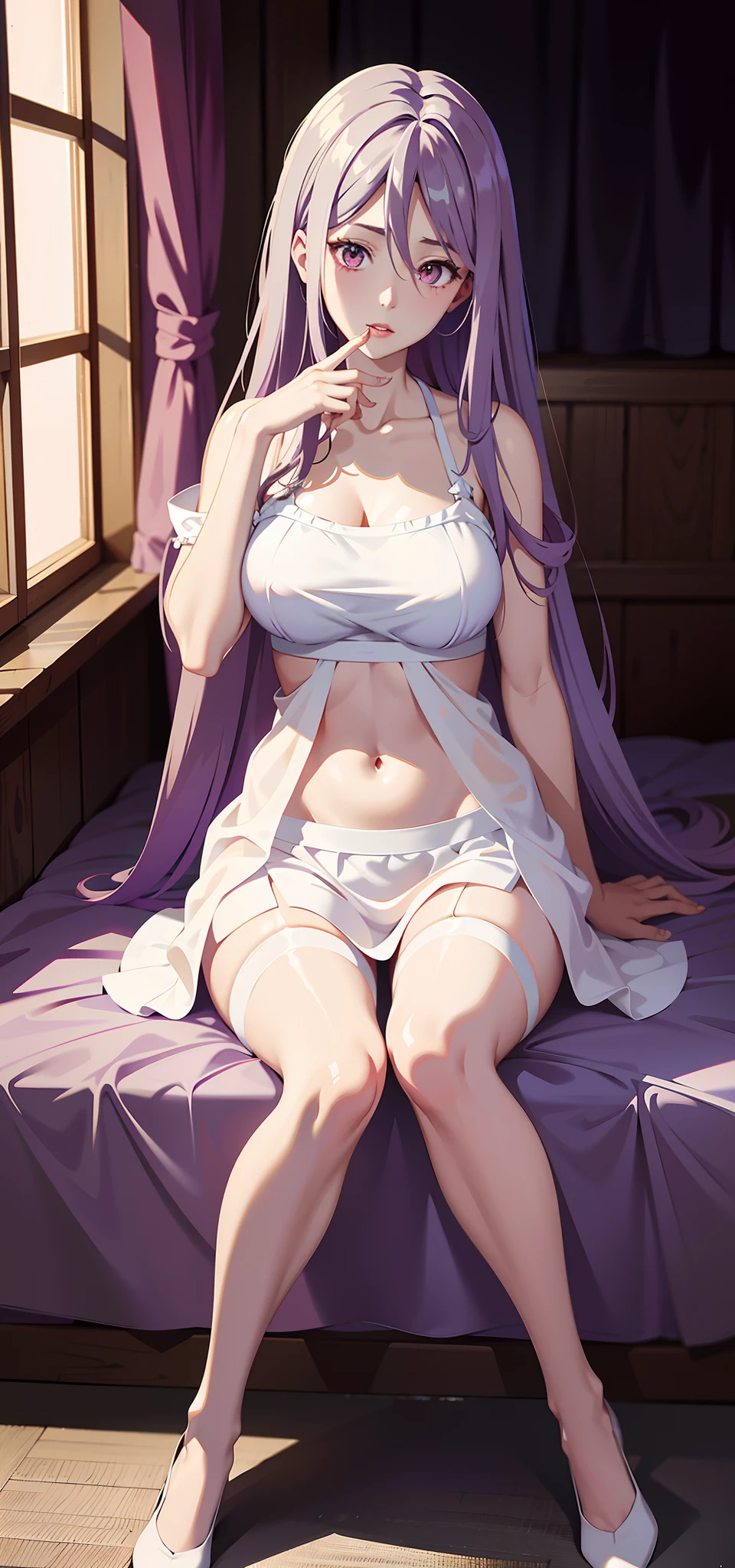 absurd res, high res, (masterpiece:1.4), ultra-detailed, 1girl, tokime, bedroom, sitting, stockings, purple eyes, purple hair, dress, bare shoulders, white dress, navel, hand on breast