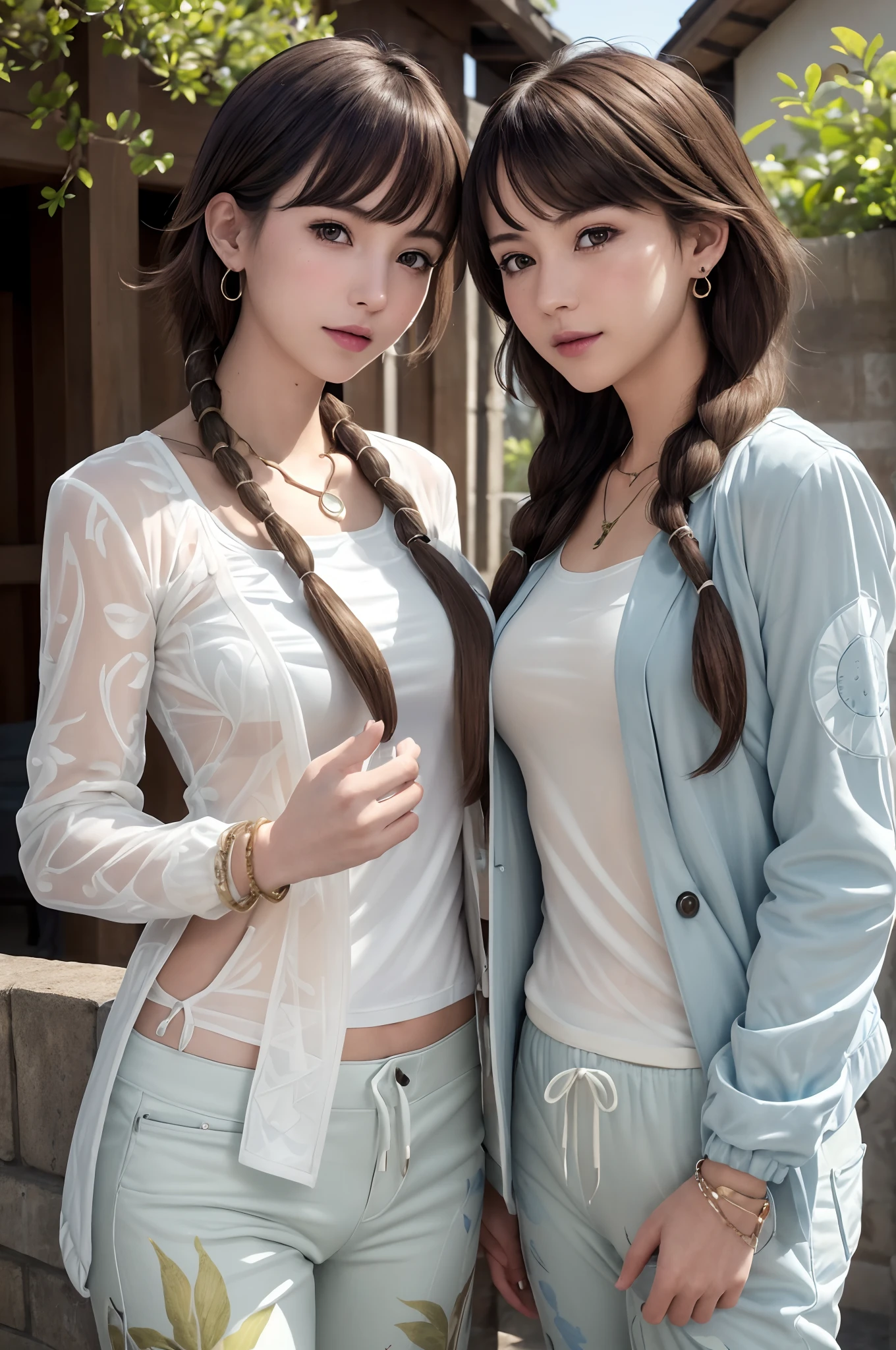 (Masterpiece, Best quality), (photograph realistic), (intricately details, Detailed face), hdr, 2girls,duo,leering:1.4,Dynamic pose, Beautiful girl
Front view, Look at the camera,
Light smile,
Variety of hairstyles,
(Variety of styles Jacket print, Variety of styles Home, A wide variety of pants),
Various earrings,
Various necklaces,
Various bracelets,