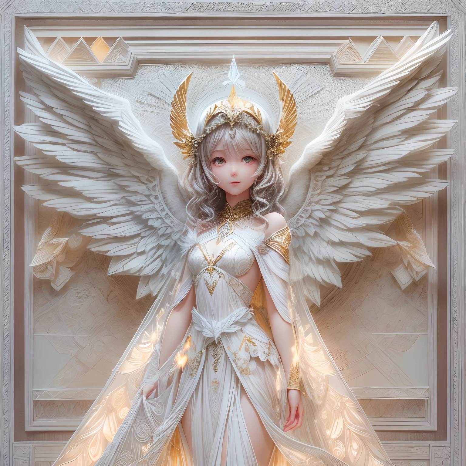(full body shot of:1.4),white backgrounid,(1 angel girl,shiny wings,The halo,Delicate headgear,ssmile),(paper art,Quilted paper art,Geometry),(plethora of colors,Best quality,high detal,tmasterpiece,Cinematic lighting effects,4K,Chiaroscuro)
