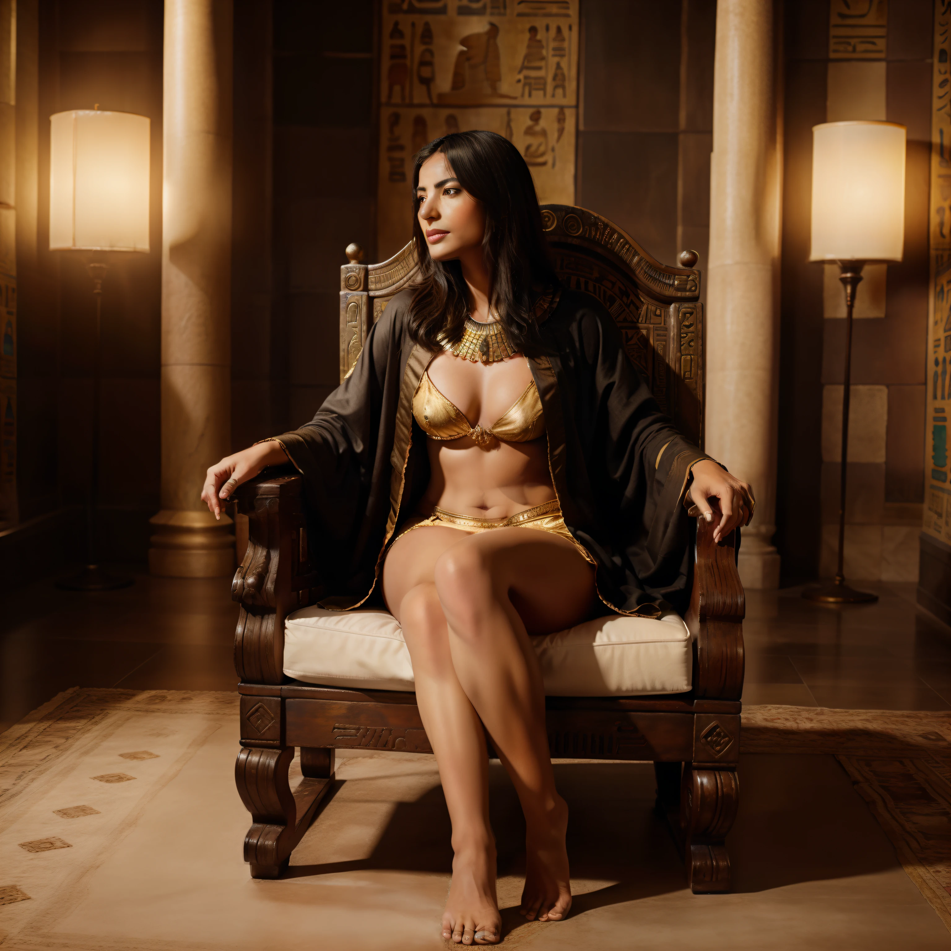 Beautiful journalist and writer ,Poetic Gaze on the King's Chair , Realstic, 8k , dramatique, full body view, wears an ancient Egyptian robe