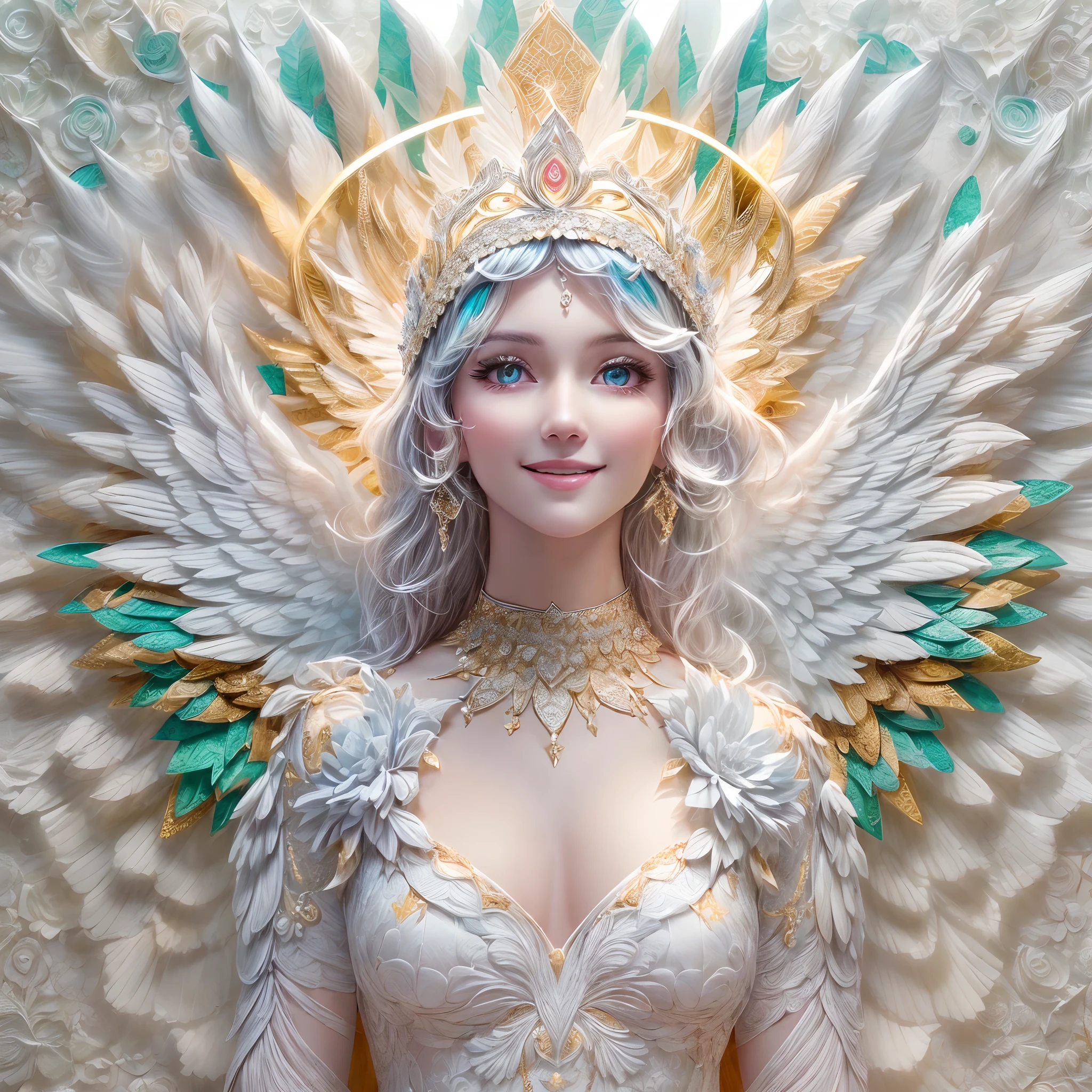 (full-body shot:1.4), White background, (1 angel girl,shining wings, halo, exquisite headdress, smile), (paper art, Quilted paper art, geomerty), (extremely colorful, Best quality, high detailed, Masterpiece, Cinematic Lighting, 4K, Chiaroscuro)