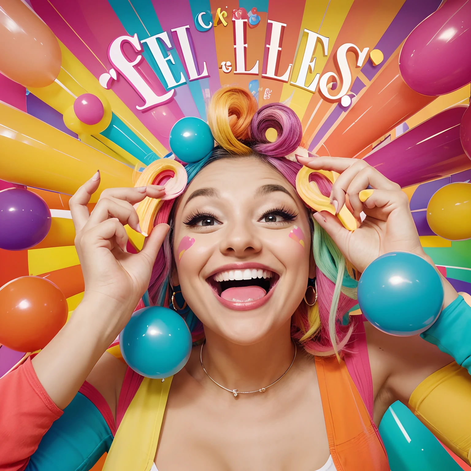 Design a playful and colorful logo for 'Giggles Galore' featuring a whimsical font, vibrant laughter bubbles, and a cheerful, typography giggles galore, cartoon art style