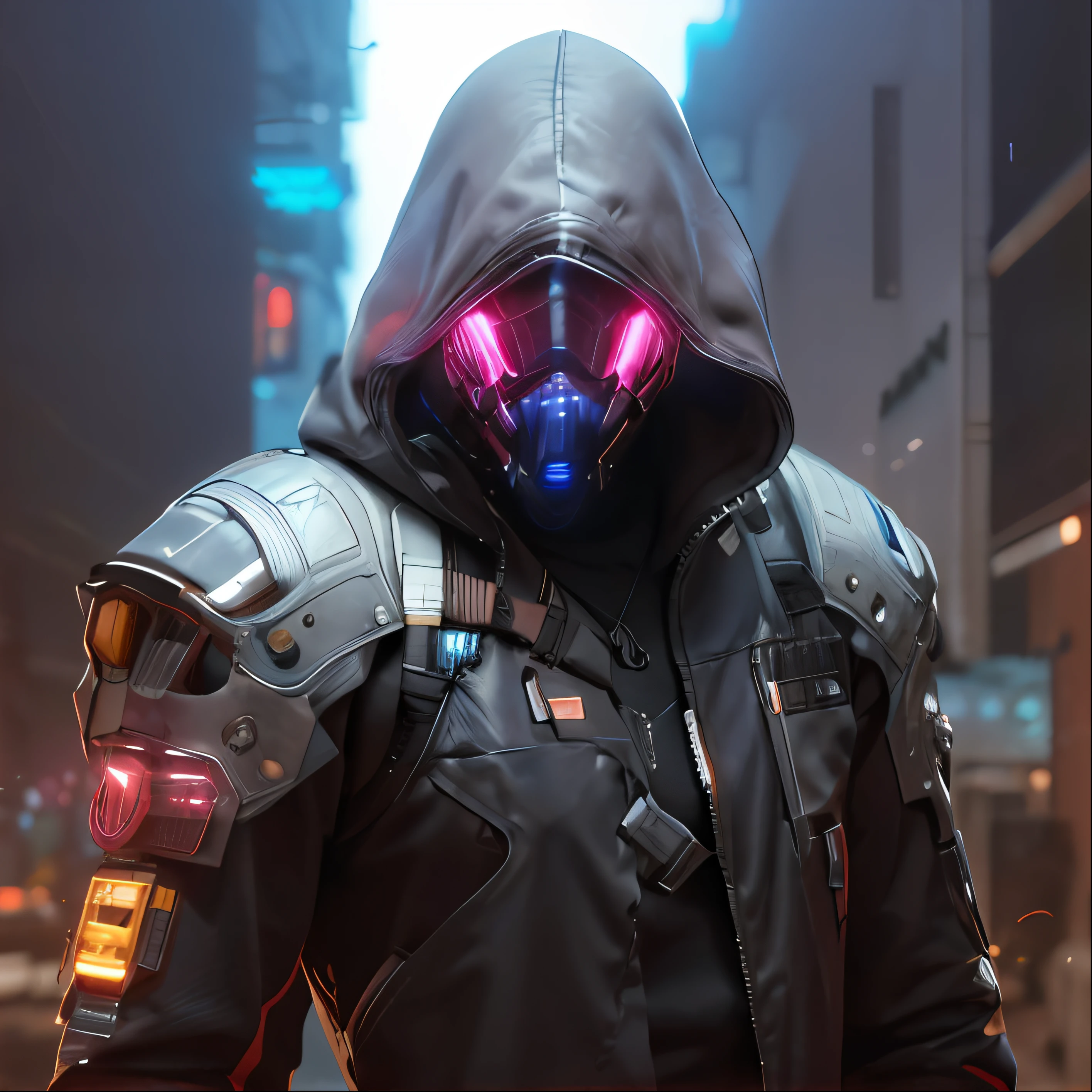 um close up de uma pessoa em uma jaqueta com capuz com olhos vermelhos, Wojtek FUS, soldado cyberpunk, Amazing 8K character concept art, epic scifi character art, assassino cyberpunk, arte do personagem Cyberpunk, Dan Mumford. 8K Octane rendering, design de personagens cyberpunk, epic scifi character art, Epic Sci - Arte do Personagem de Fi:, Vencedor do concurso CGSetline, cavaleiro cyberpunk, scientific fiction, personagem com capa, leds pela armadura, máscarado, cyberpunk mask