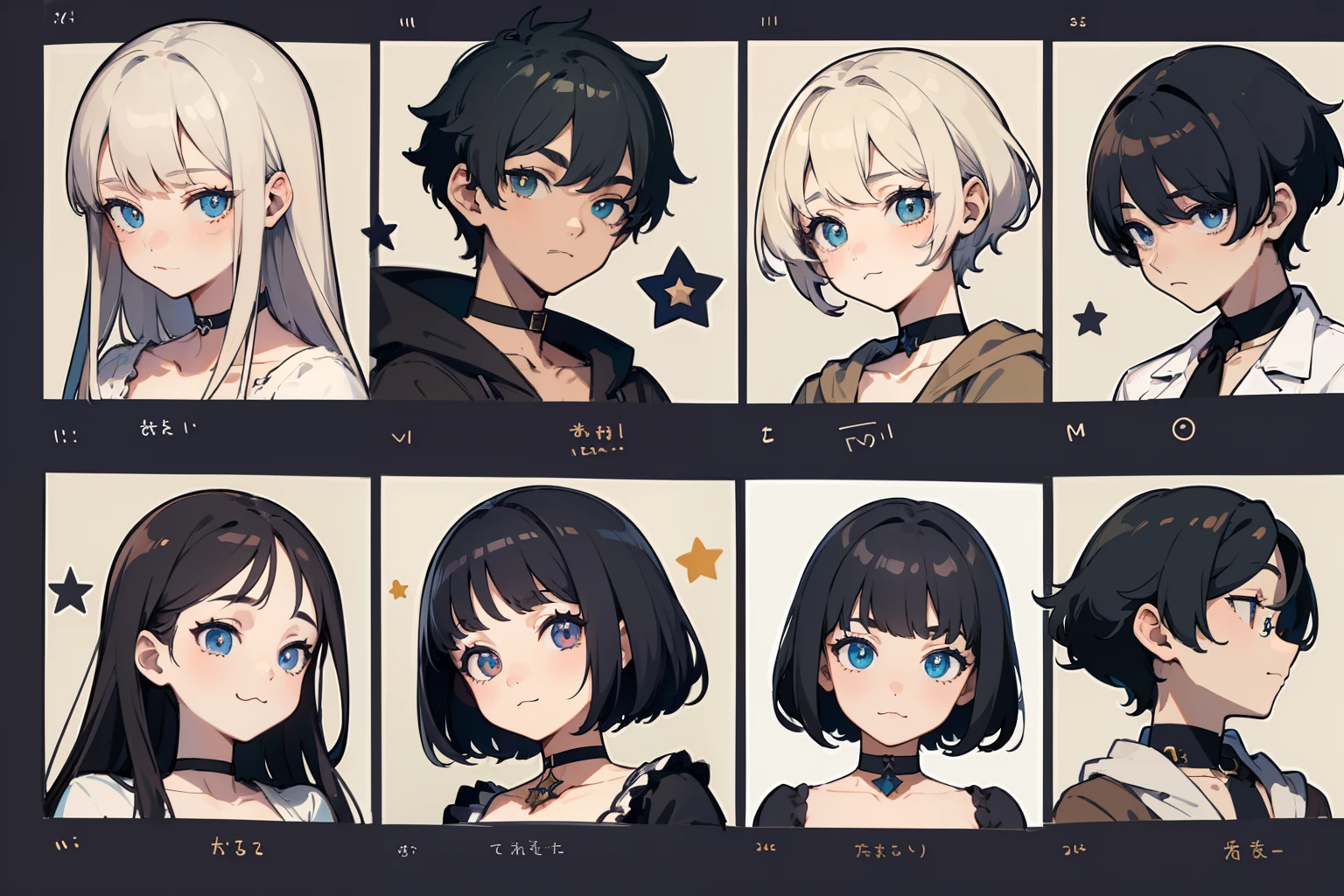 ((Masterpiece, Highest quality)), Detailed face, character sheets, full bodyesbian, Full of details, Multiple poses and expressions, Highly detailed, Depth, Many parts, 1boys , Children all over the body :3, mitts, Stockings, Black choker, The eye, Star (symbol), pupils in symbol shapes