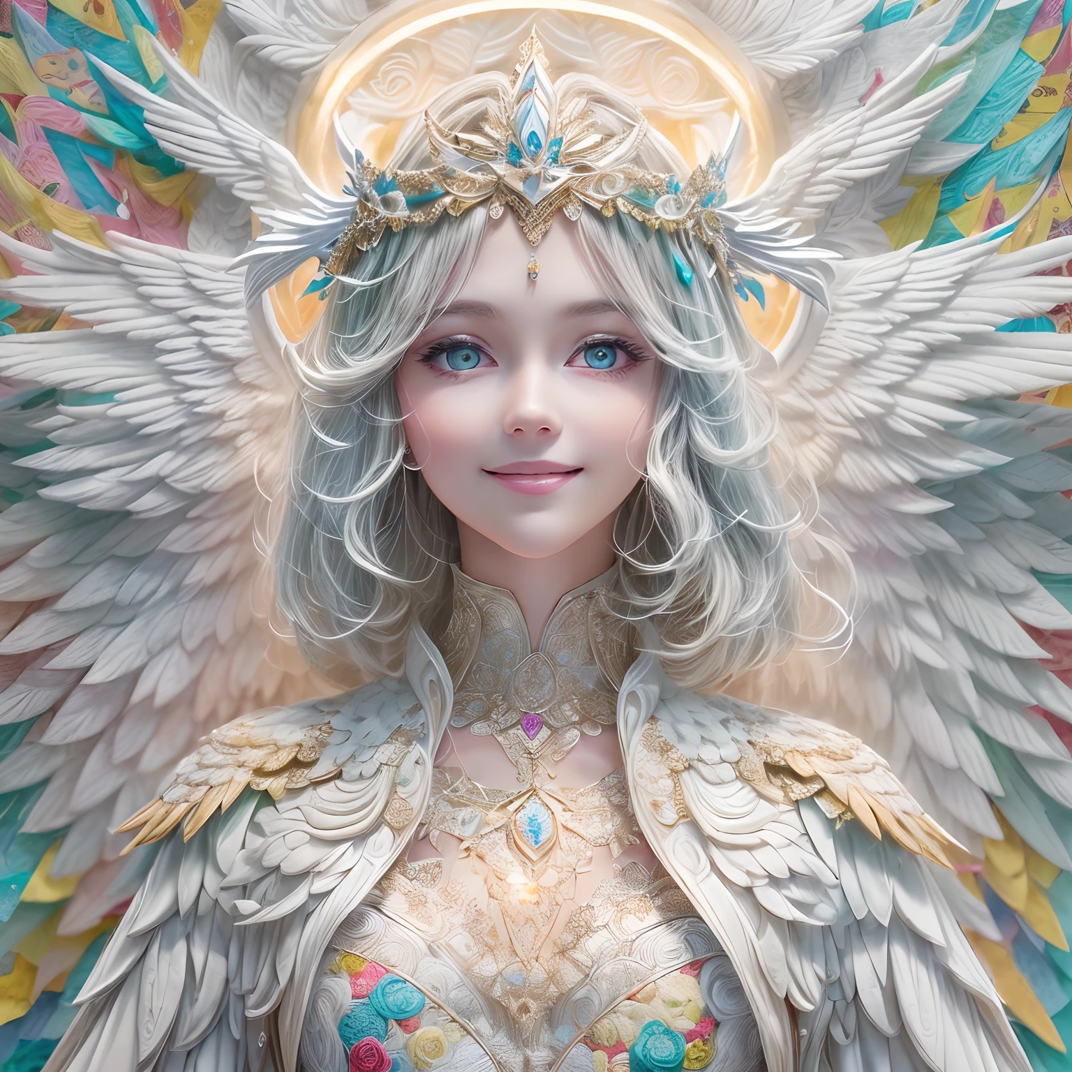 (full-body shot:1.4),  White background, (1 angel girl,shining wings, halo, exquisite headdress, smile), (paper art, Quilted paper art, geomerty), (extremely colorful, Best quality, high detailed, Masterpiece, Cinematic Lighting, 4K, Chiaroscuro)