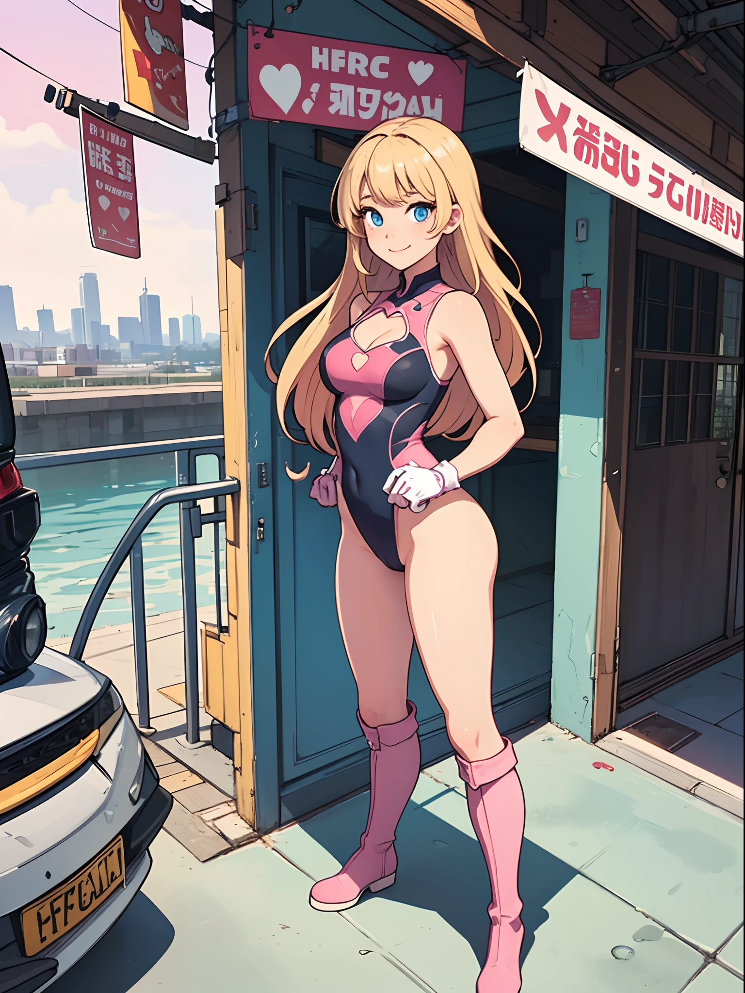 masterpiece, best quality, hires, 1girl, solo, leotard, bare legs, matching boots, sleeveless, looking at the viewer, city backdrop, perfect hands, perfect eyes, perfect leotard, perfect legs, perfect arms, perfect fingers, perfect anatomy, medium breasts, pink leotard, blonde hair, long hair, knee boots, blue eyes, heart cutout, cute face, hair down, bangs, sleeveless, pink gloves, pink footwear, cleavage cutout, superhero, solo, casual, smile, single, standing