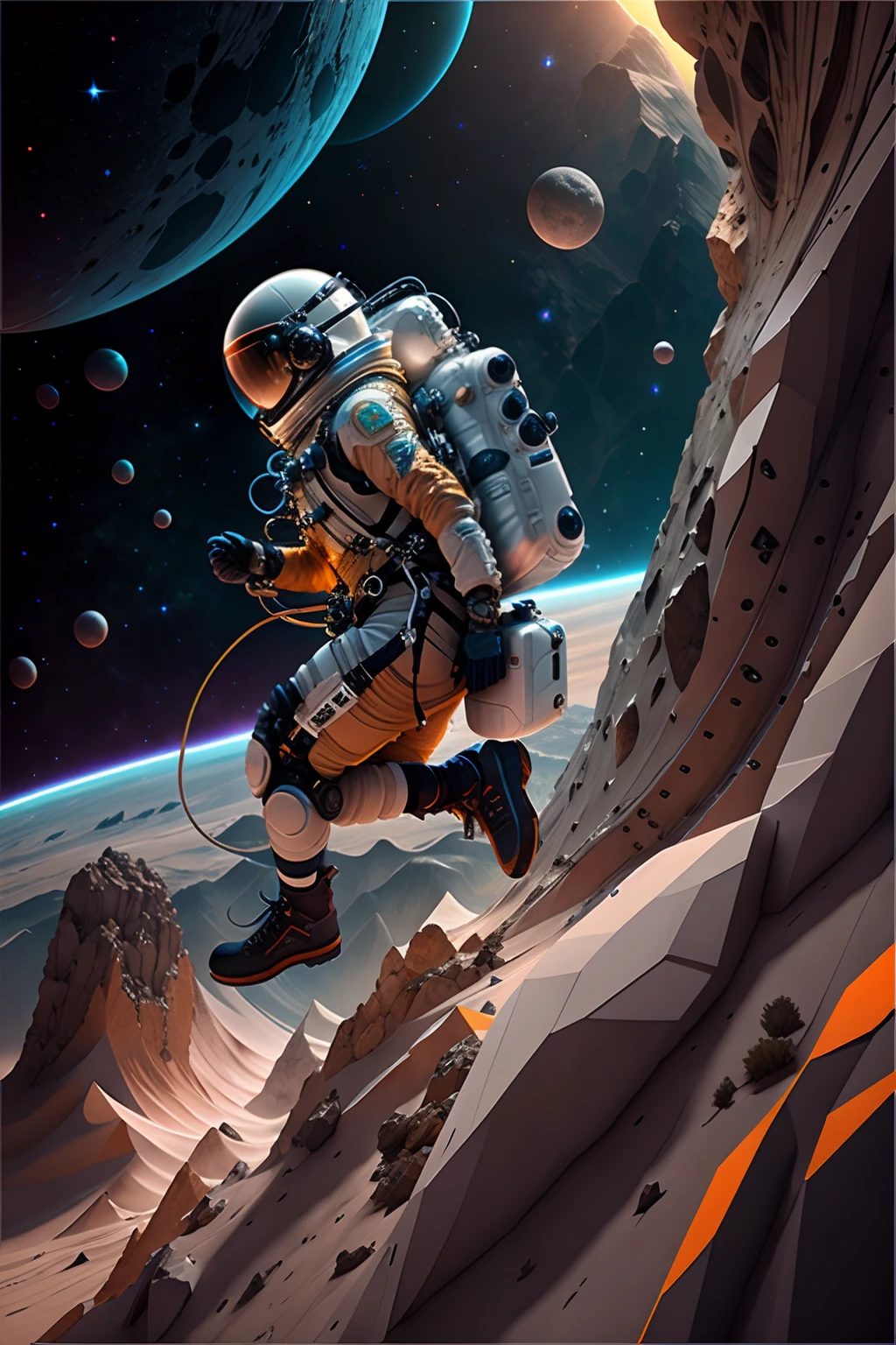 The astronaut, climbing the asteroid, Character rendering, super high-quality model, Gorgeous space background, Abstract beauty, Explosive volume,high-definition quality,8K
