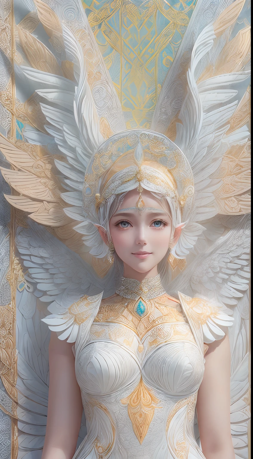 (full-body shot:1.4), White background, (1 angel girl,shining wings, halo, exquisite headdress, smile), (paper art, Quilted paper art, geomerty), (extremely colorful, Best quality, high detailed, Masterpiece, Cinematic Lighting, 4K, Chiaroscuro)