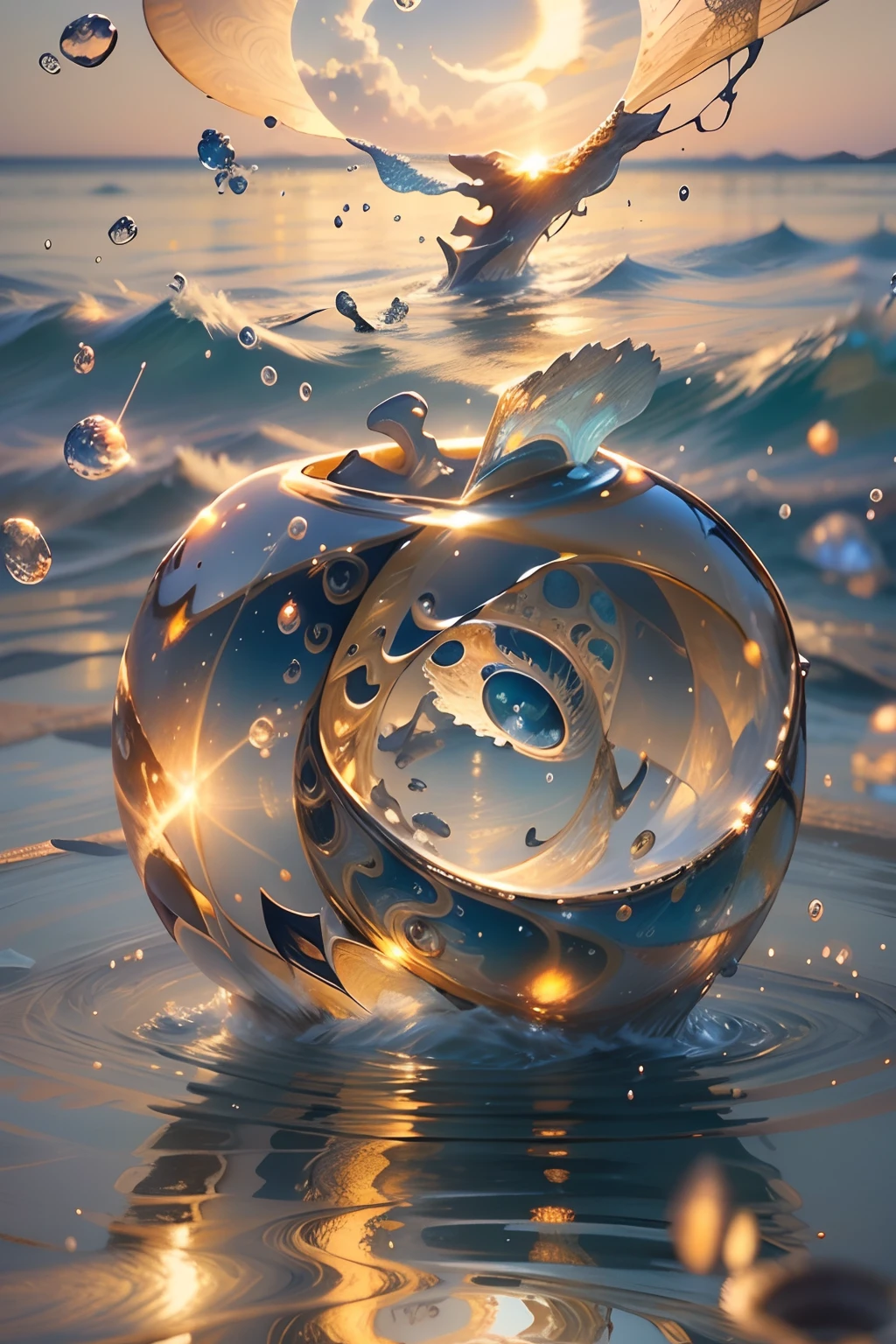8K Ultra HD, ultra-realistic, In the gentle embrace of the tranquil waters, behold a mesmerizing spectacle - the ripples dancing in perfect harmony, converging into the shape of a crown, Each droplet, like a painter's brushstroke, contributes to this exquisite masterpiece of nature's artistry, The crown-shaped pattern shimmers with a mesmerizing radiance, reflecting the sun's golden hues and the azure of the sky above, As the waves gently caress the shore, the crown's form remains fleeting, yet etched forever in the memories of those fortunate enough to witness this enchanting sight, The water's embrace creates a symbol of love and serenity, reminding us of the profound beauty and magic that nature can bestow upon us, by yukisakura, highly detailed,