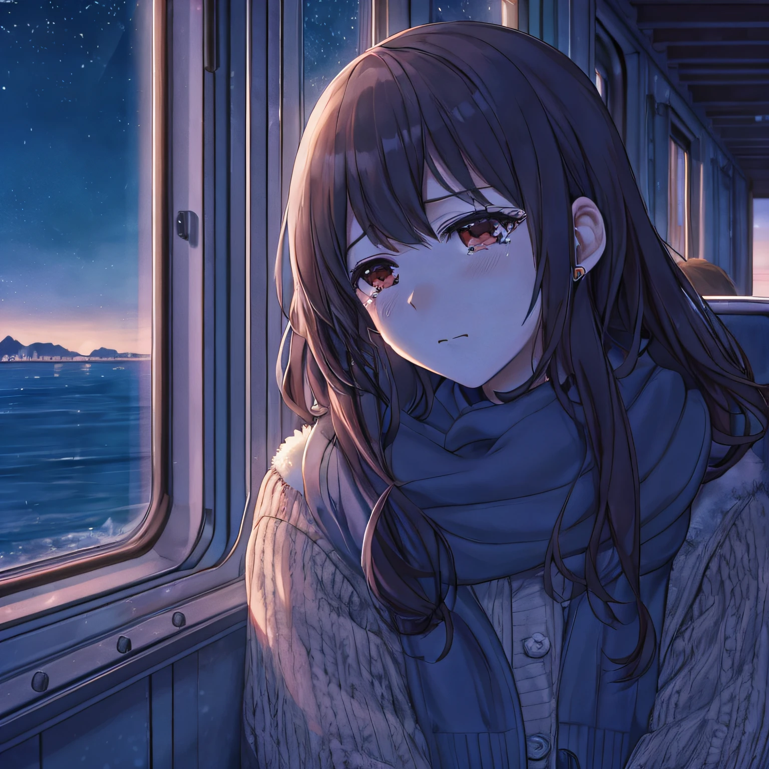 Anime girl looking at the sea from the window of the train, nightcore, anime style 4 k, 4k anime wallpaper, Beautiful anime girl、ung woman、Japan Young Women、Long hair with light curls、Brown coat color、Tears in the eyes、I'm about to start crying.、looking outside the window、Dark sea at night outside the window、sad、Sad atmosphere、wearing a thick gray coat,、With fur collar、Sitting on a train chair、Leaning against the window of the train、Blue and dark indoors、a dark night