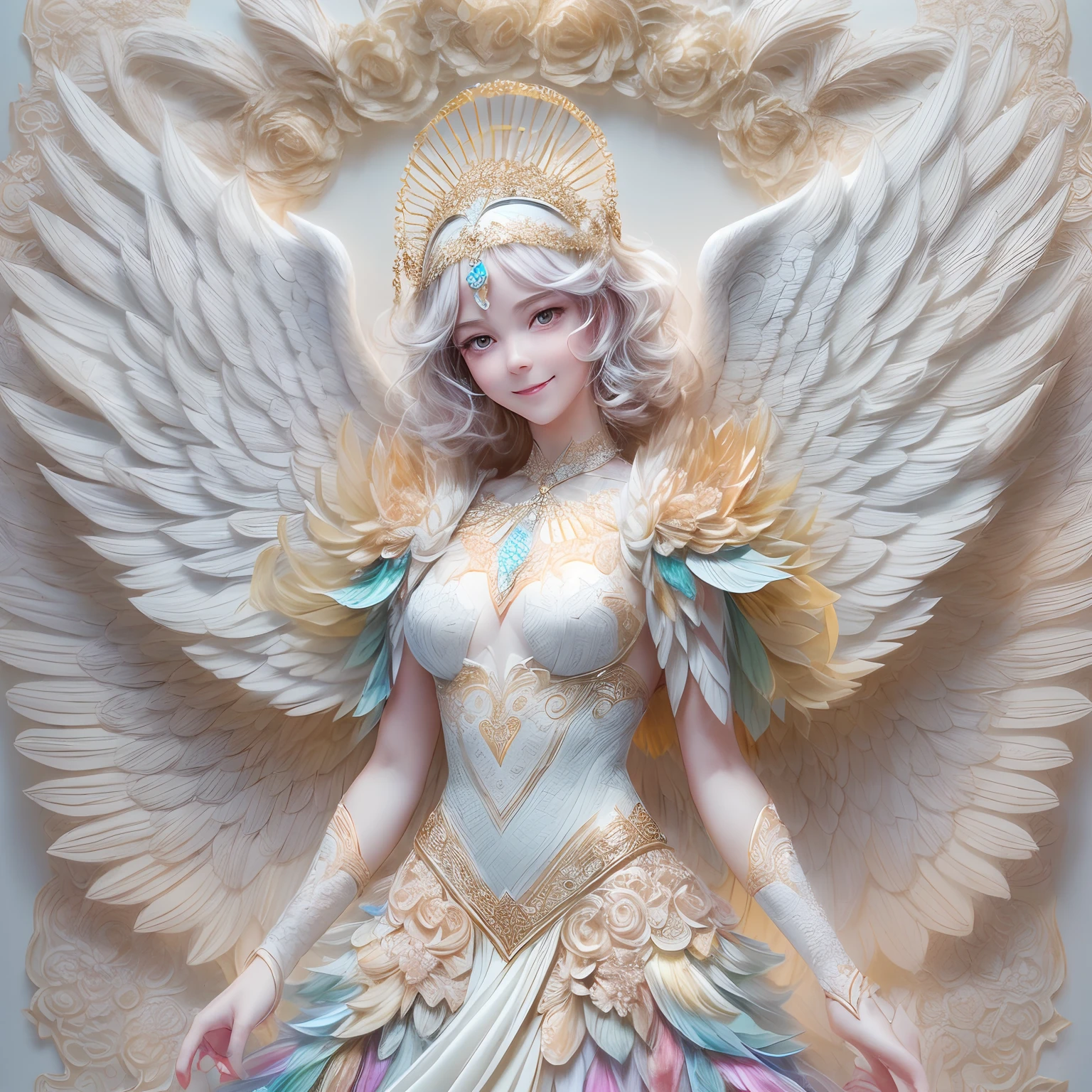 (full-body shot:1.4),  White background, (1 angel girl,shining wings, halo, exquisite headdress, smile), (paper art, Quilted paper art, geomerty), (extremely colorful, Best quality, high detailed, Masterpiece, Cinematic Lighting, 4K, Chiaroscuro)