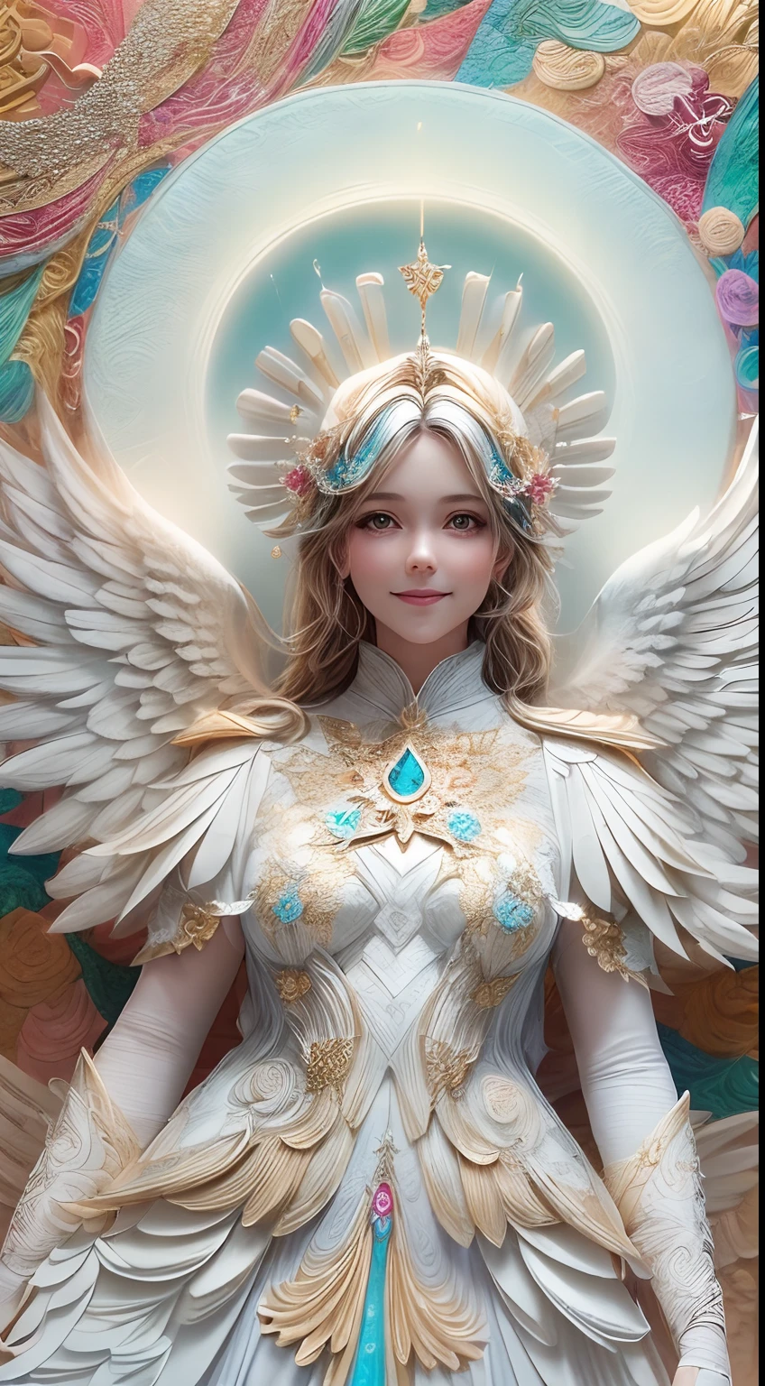 (full-body shot:1.4), White background, (1 angel girl,shining wings, halo, exquisite headdress, smile), (paper art, Quilted paper art, geomerty), (extremely colorful, Best quality, high detailed, Masterpiece, Cinematic Lighting, 4K, Chiaroscuro)